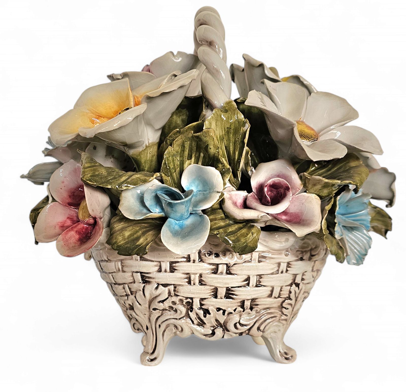 Bassano Ceramics Basket With Flowers, Italy 1950s photo for sale