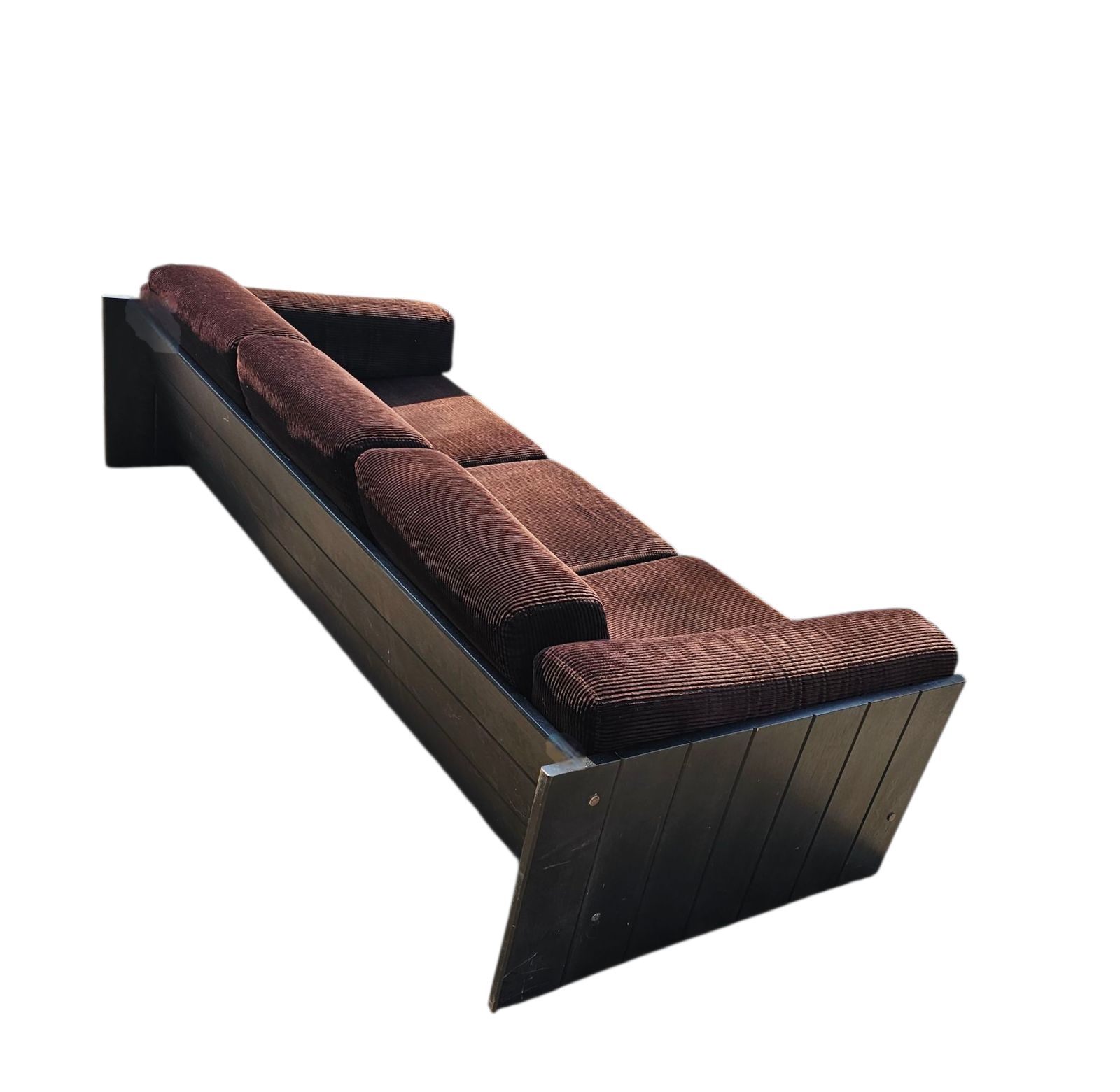 Three / Seater Sofa With A Sturdy Wooden Frame / Cushions In Dark Brown Corduroy / Industrial Look / 1970s photo for sale