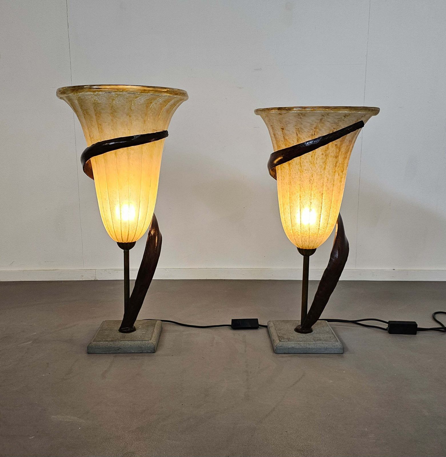 photo for sale Large Jugendstil Floor / Table Lamps / Roberto Galli / Stone Base With Italian Glass Shade