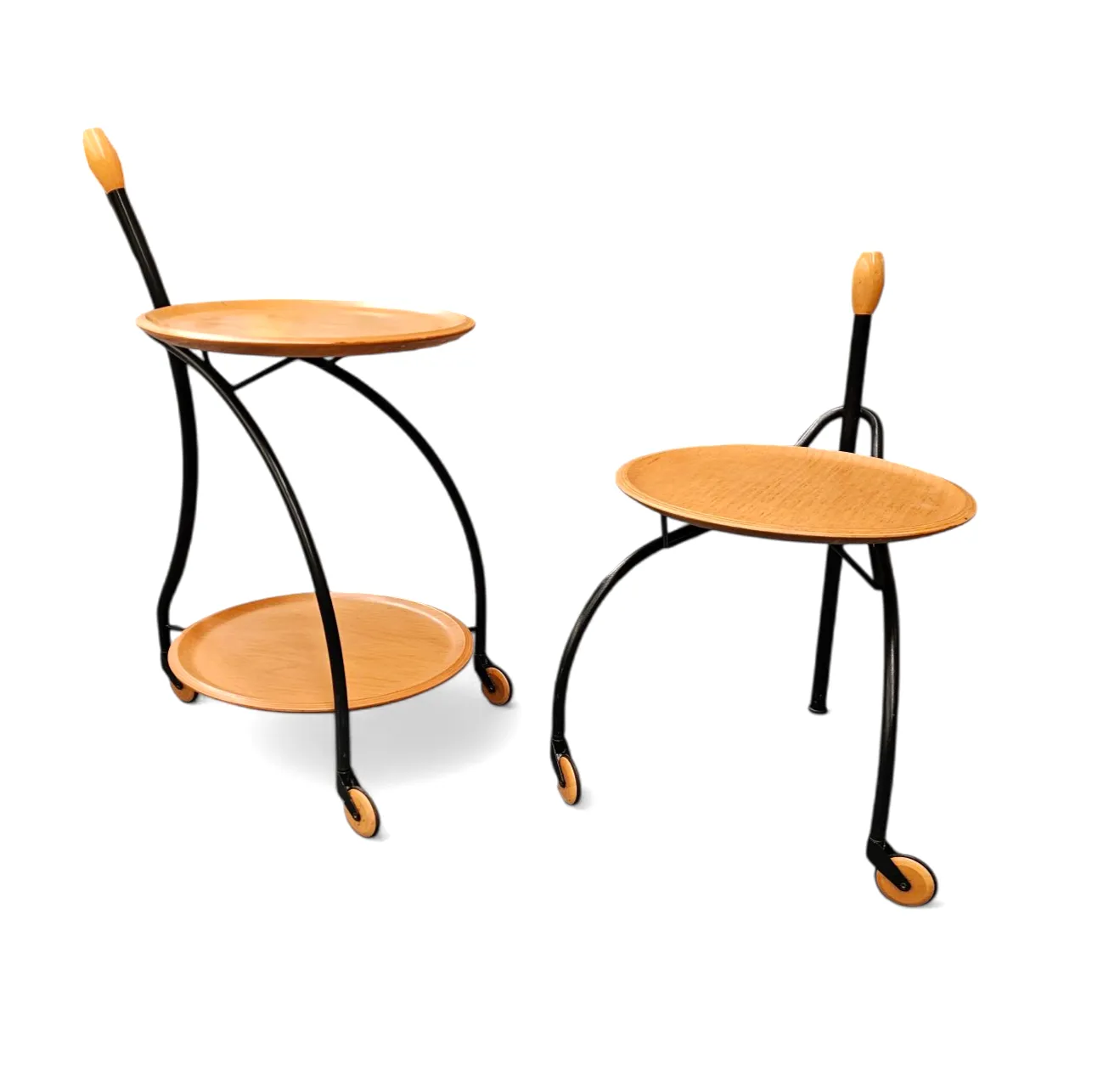 Matching Set / 3 Wheel Design Serving Trolleys / Side Tables In Steel & Beech By Bonaldo Italy 1990s photo Furniture