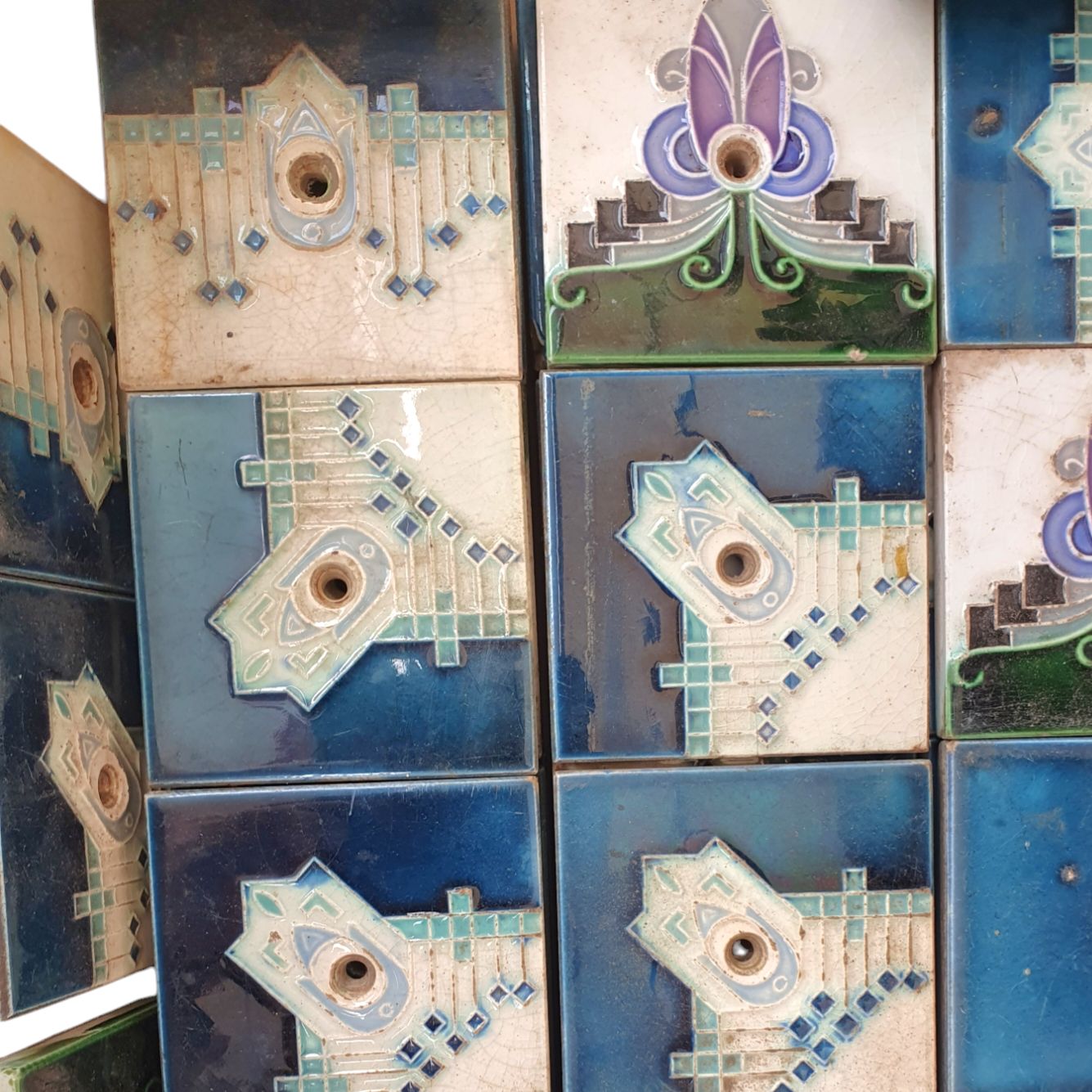53 X Art Nouveau Tiles / Oven Tiles With Attach Holes 1920s