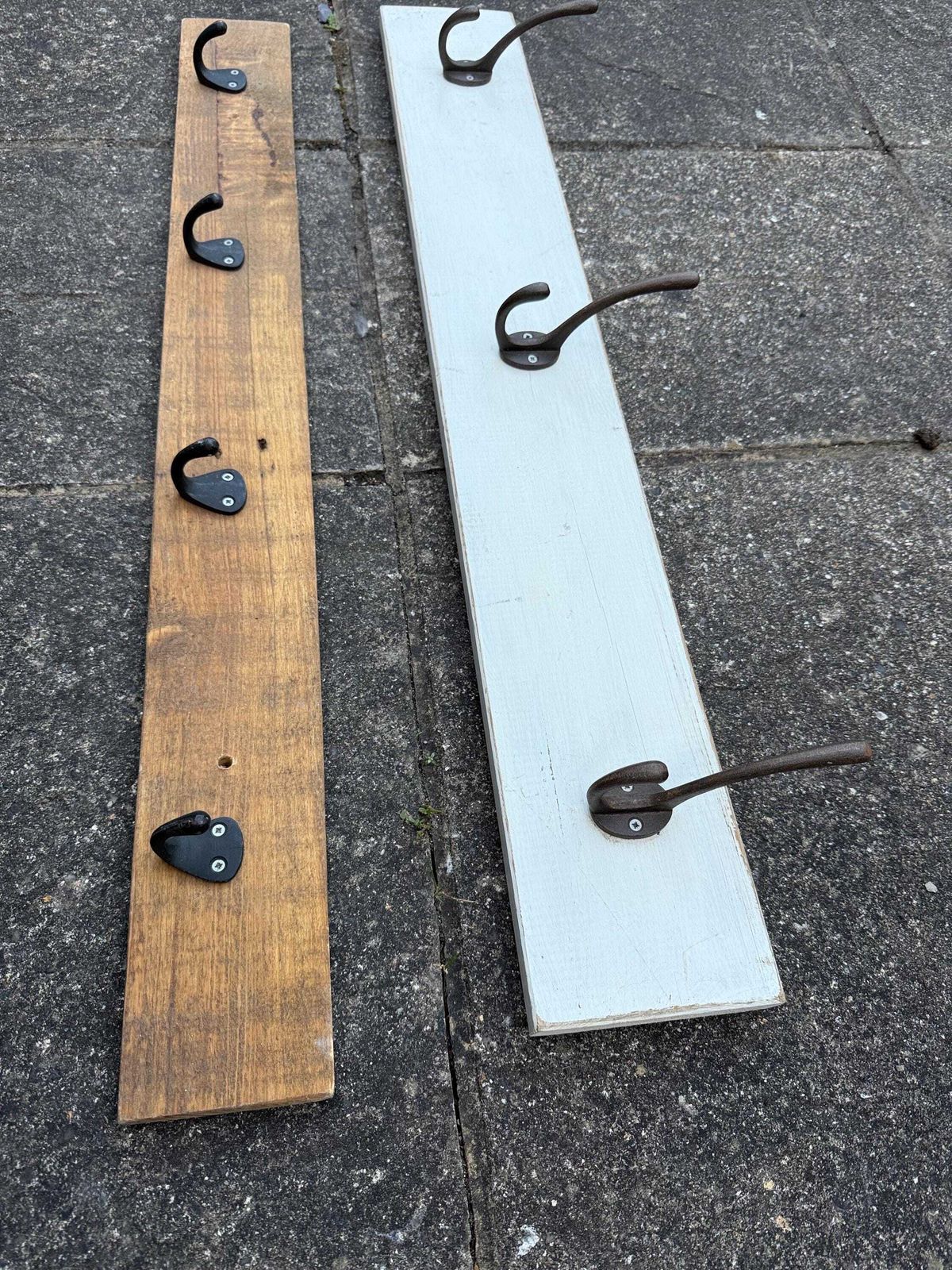 Two Hand Made Rustic Wall Mounted Coat Racks – Vintage Cast Iron Hooks On Reclaimed Wood – Country Hallway Storage photo for sale