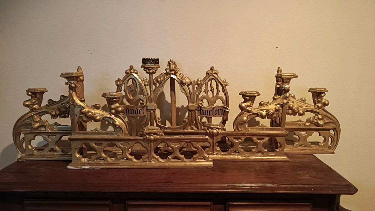 Triptych Neo Gothic Altar Gilded Wood Candlesticks photo furniture