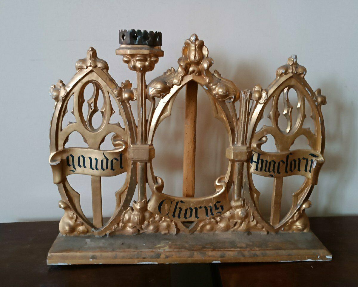 Triptych Neo Gothic Altar Gilded Wood Candlesticks photo 1001.0