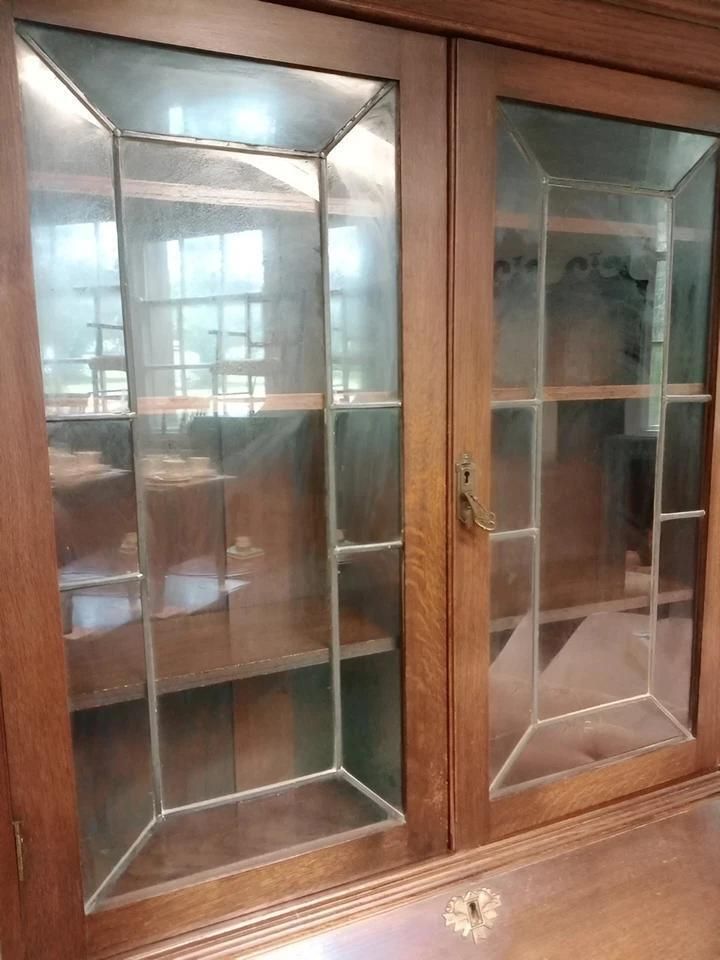 Oak Bureau Book Case With Leaded Glass Doors C.1930 photo for sale