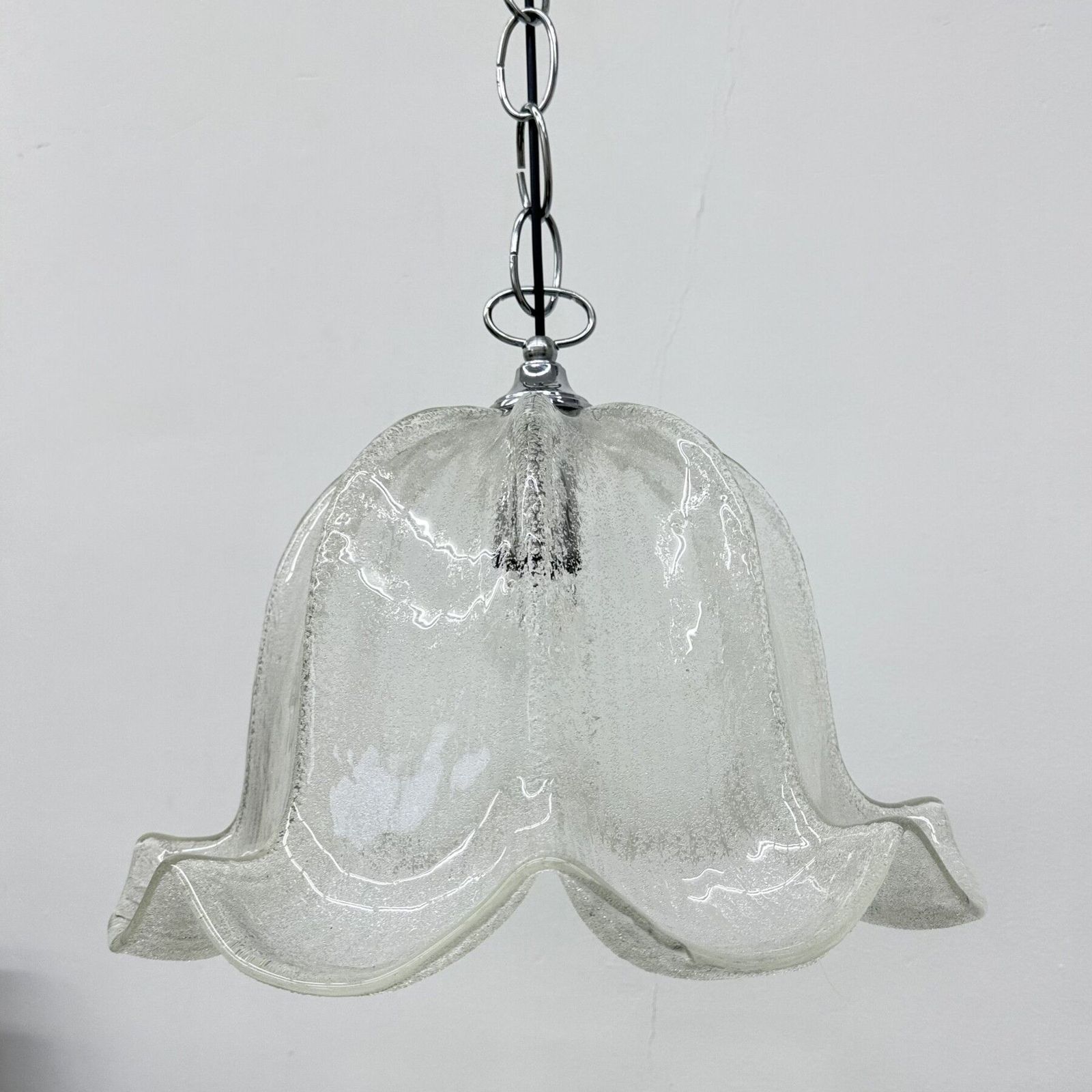 Mid Century Bell Shaped Ice Glass And Chrome Pendant Light, 1970s photo furniture