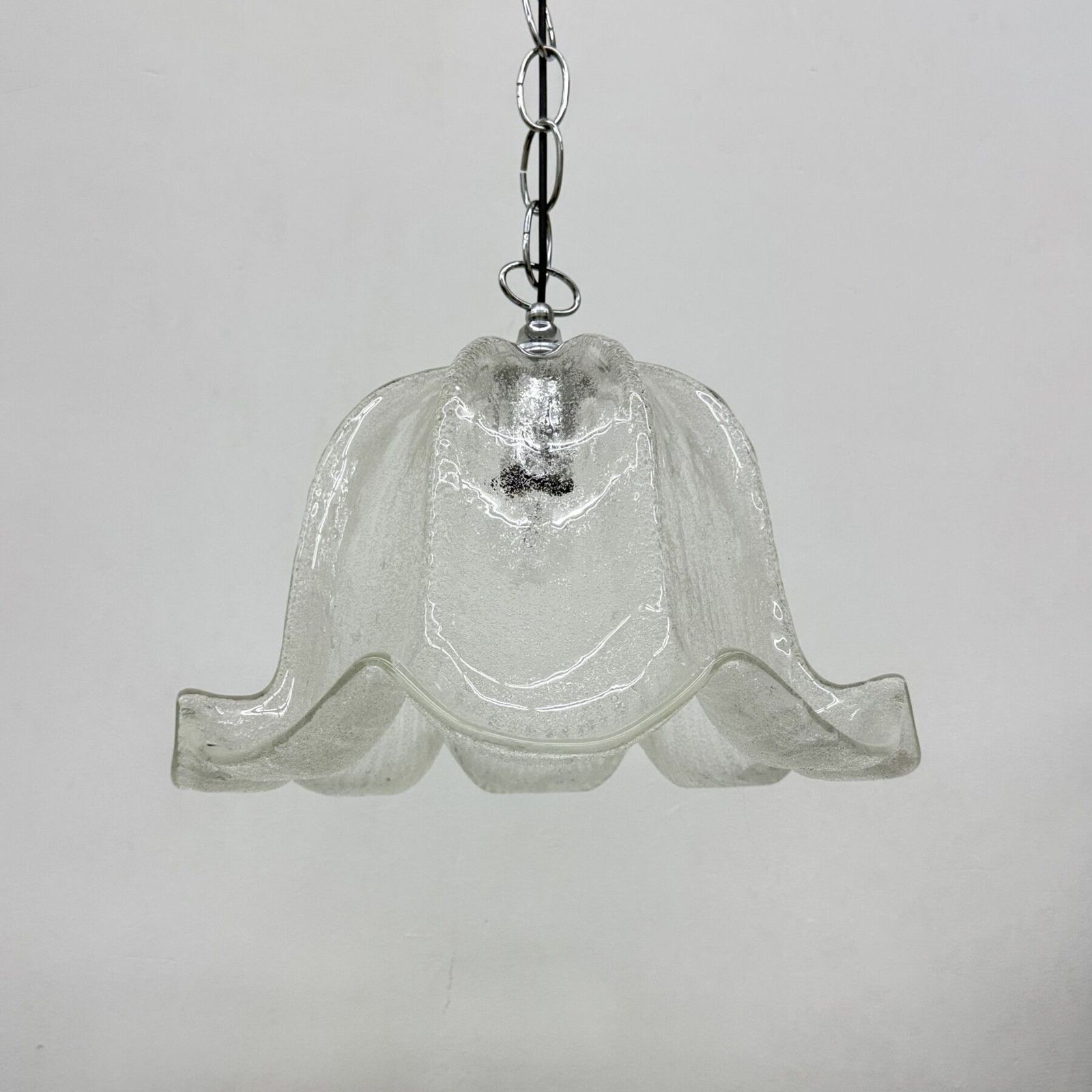 Mid Century Bell Shaped Ice Glass And Chrome Pendant Light, 1970s photo vinterior