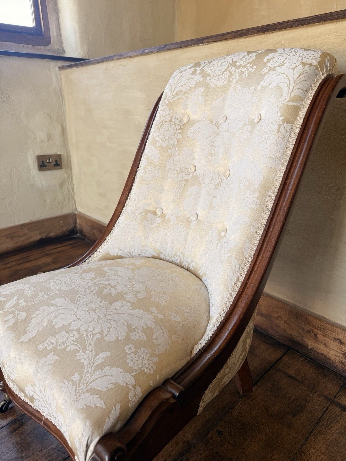 Original Antique Rosewood Nursing Ivory Damask Slipper Reading Chair photo 399.0