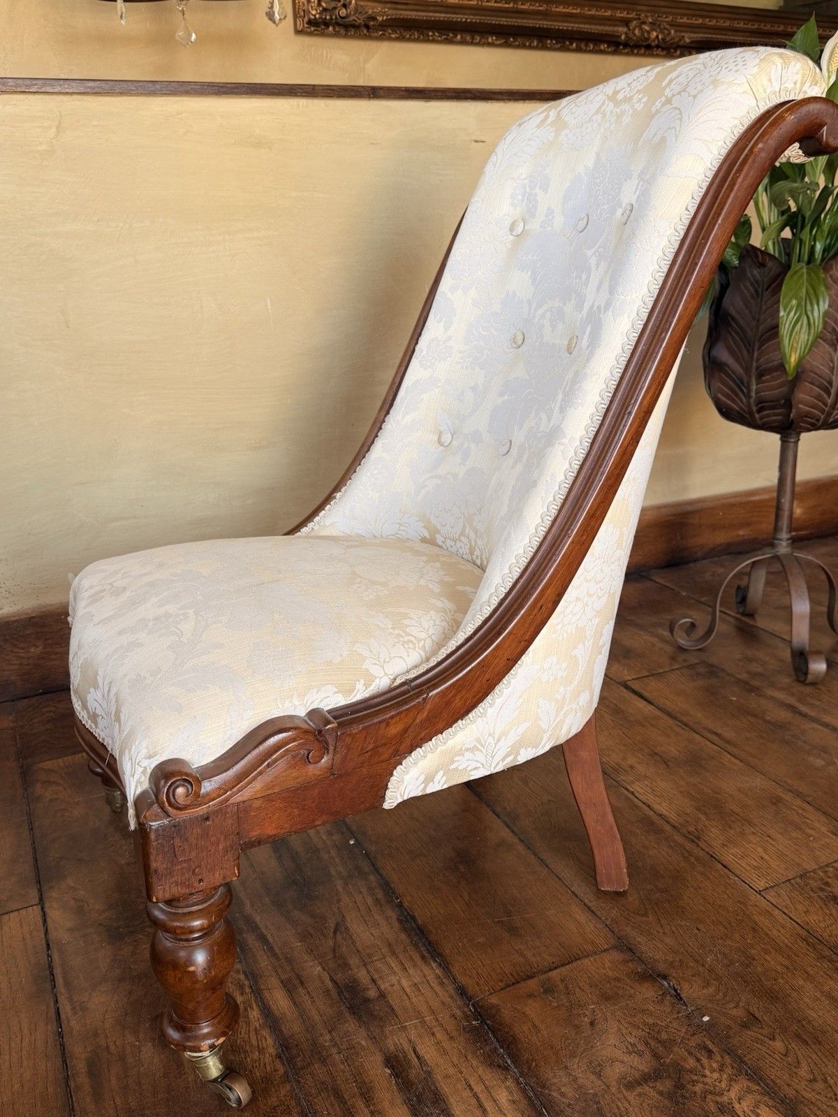 Original Antique Rosewood Nursing Ivory Damask Slipper Reading Chair photo buy
