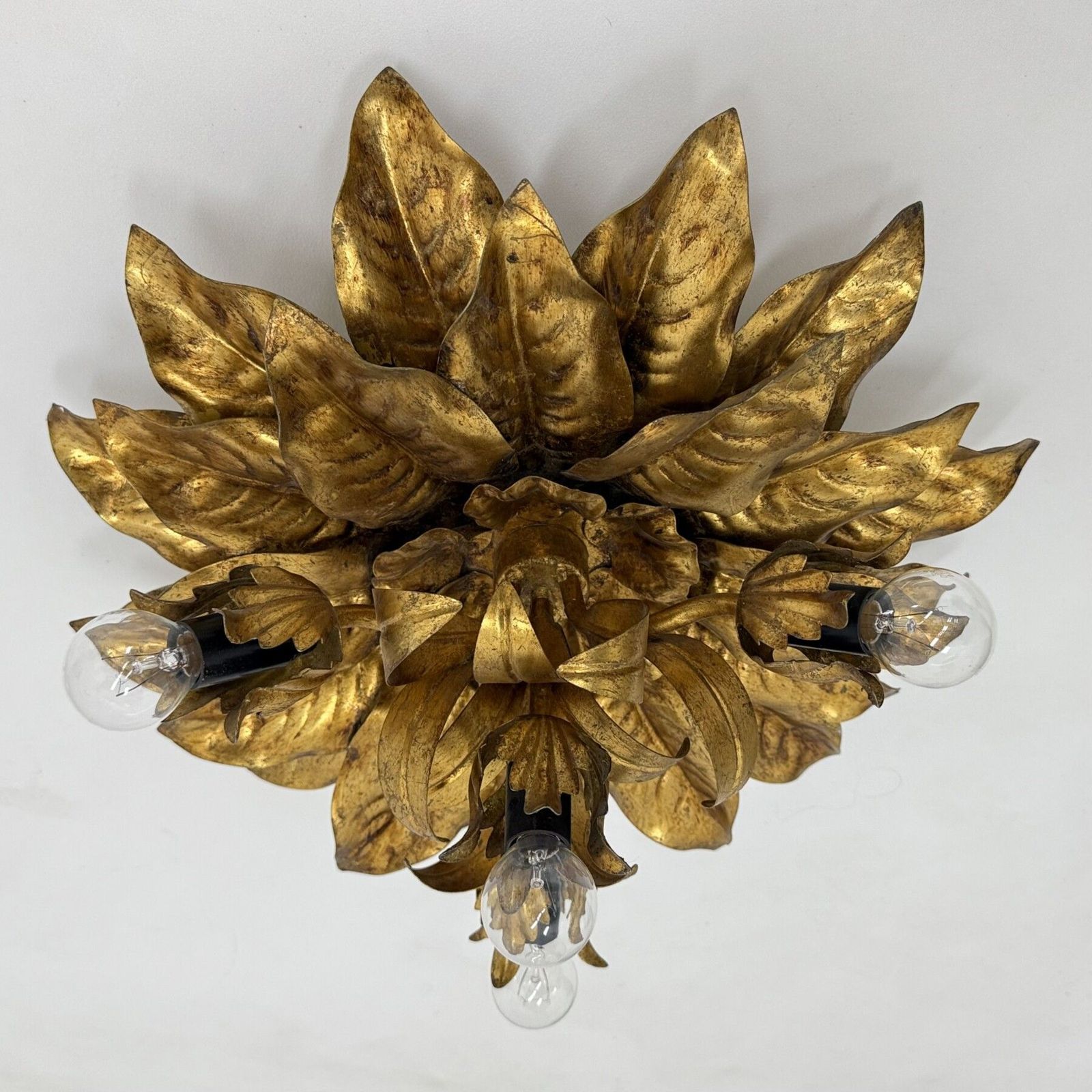 Large Vintage Hollywood Rengency Gold Gilded Leaf Flush Mount , 1970’s
