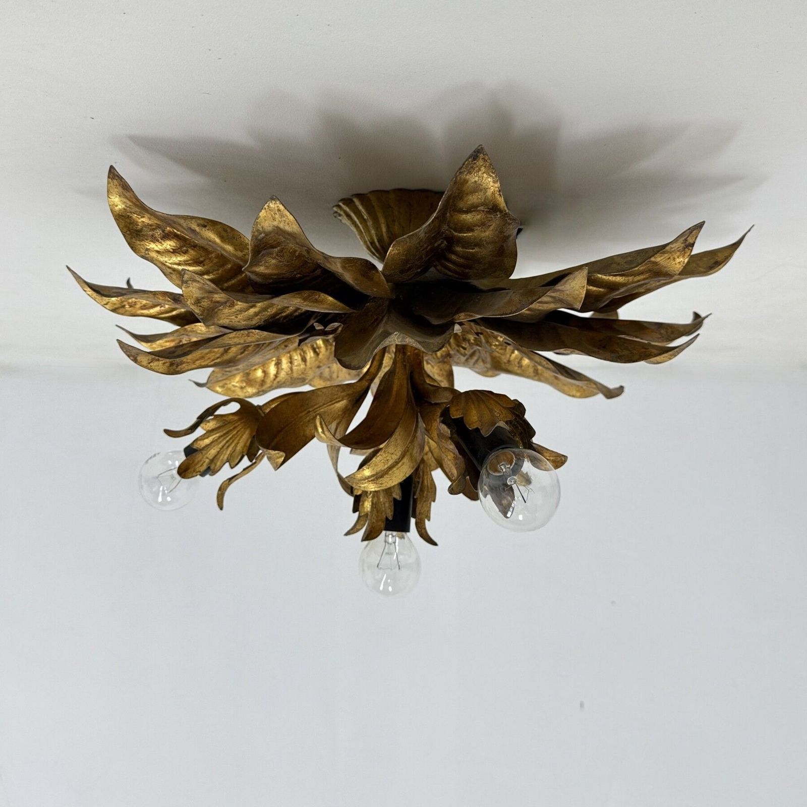 Large Vintage Hollywood Rengency Gold Gilded Leaf Flush Mount , 1970’s photo 695.0