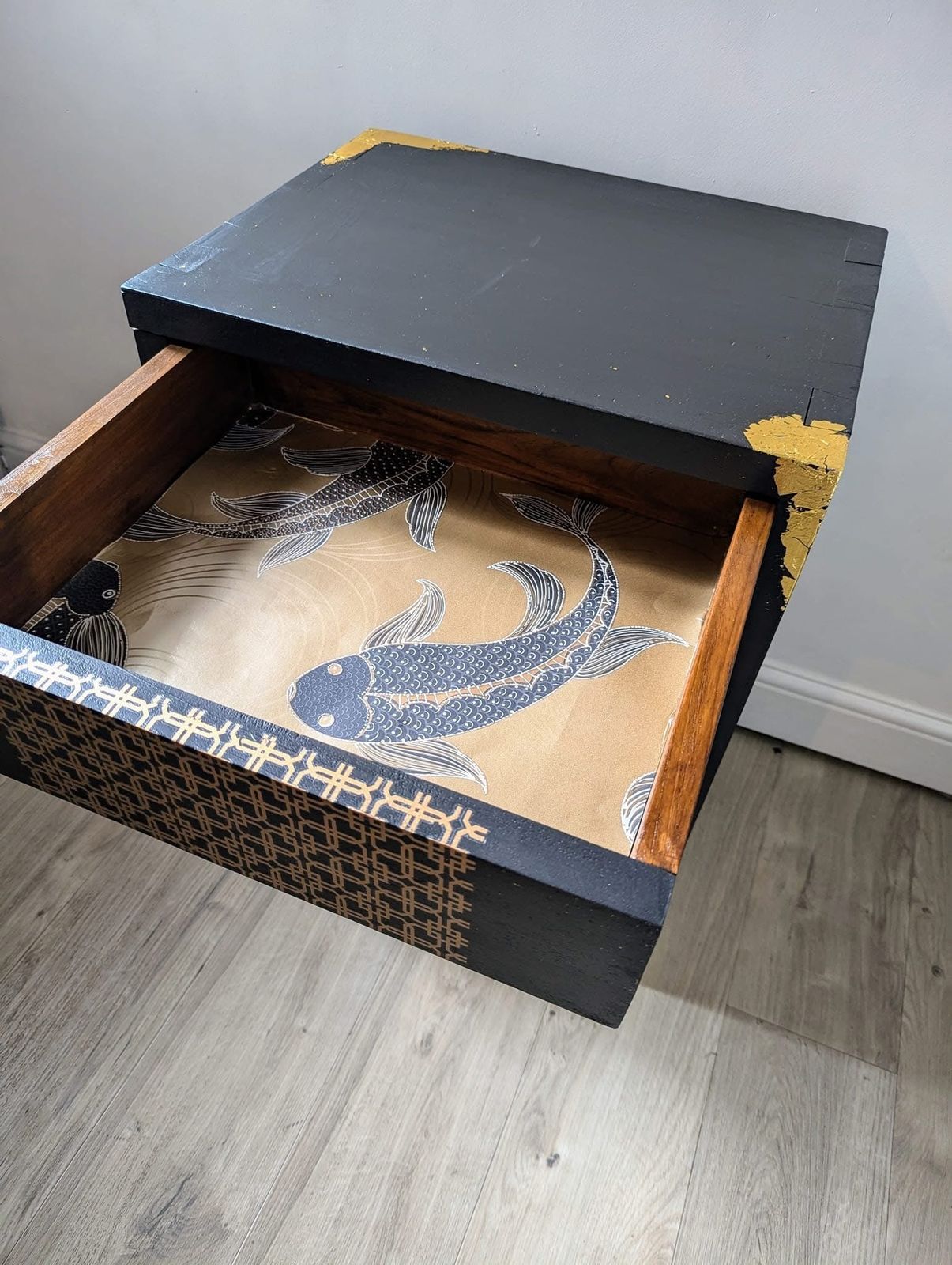 Upcycled Black Cabinet With Draw Gold Accents Koi Carp Lining photo Furniture