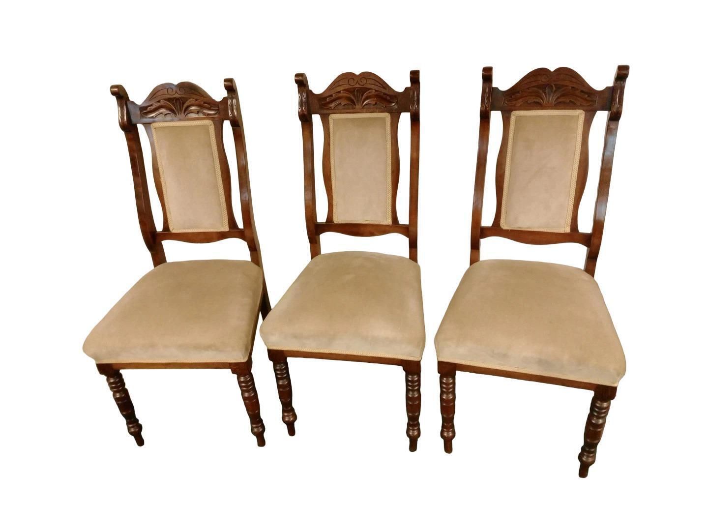 Antique Victorian Set Of 3 Oak Dining Chairs Sprung Seats