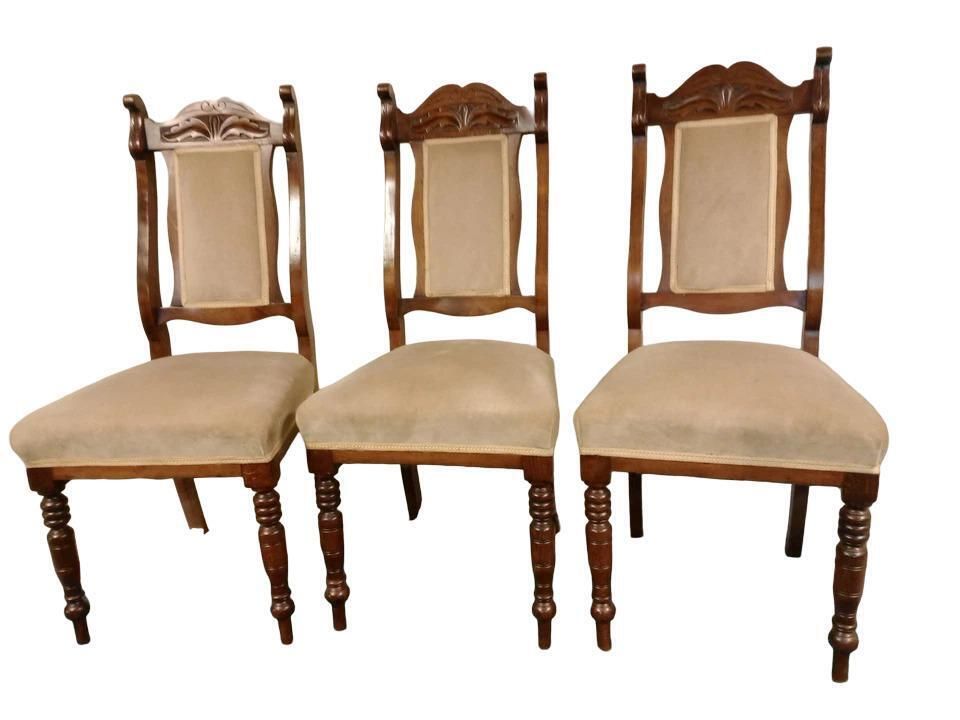 Antique Victorian Set Of 3 Oak Dining Chairs Sprung Seats photo furniture