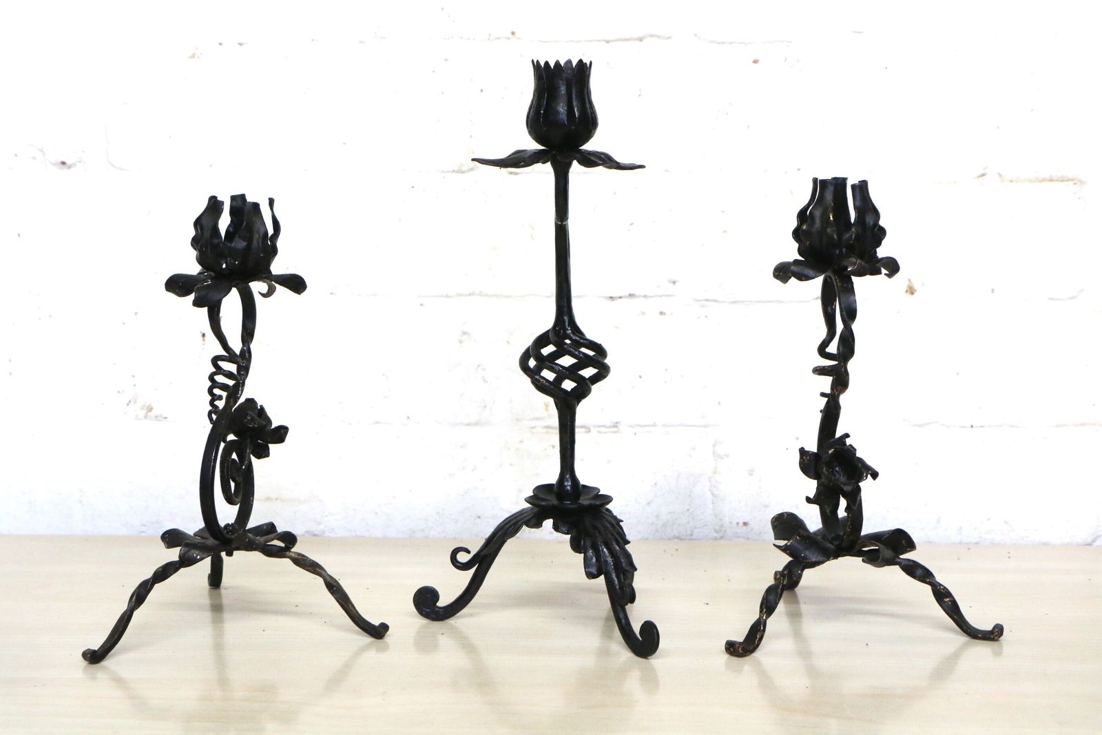 3 Old French Wrought Iron Candlesticks Blacksmith Made Small Art Nouveau Period photo for sale
