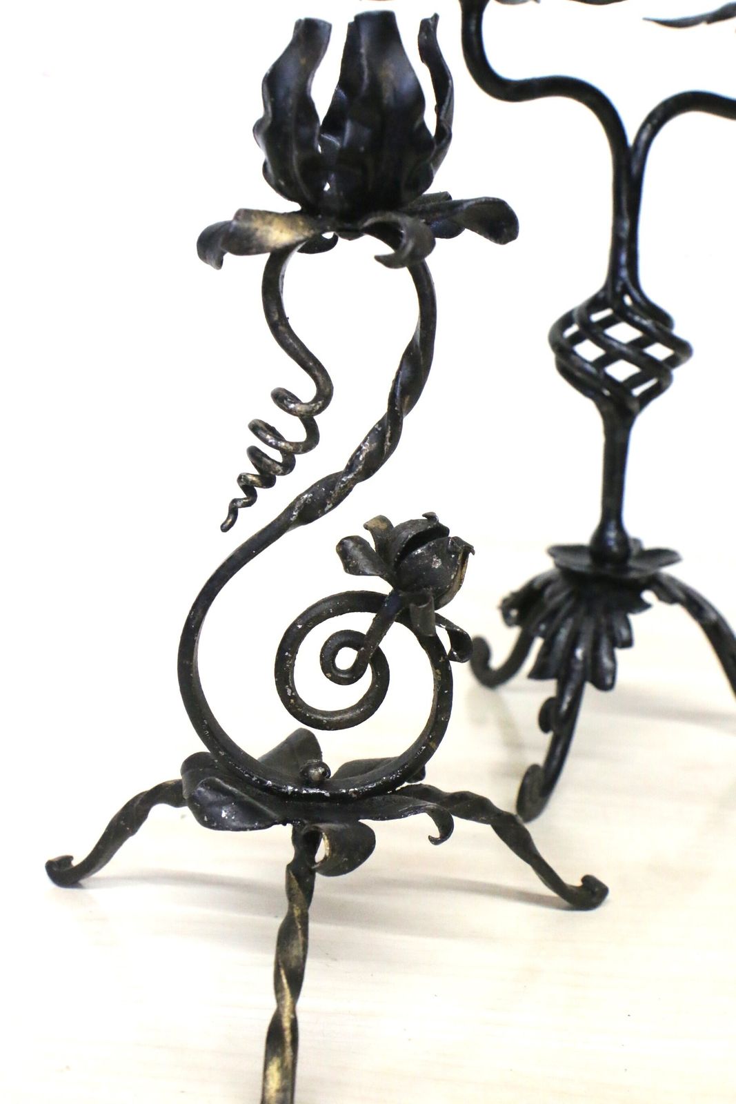 Home Decor 3 Old French Wrought Iron Candlesticks Blacksmith Made Small Art Nouveau Period photo