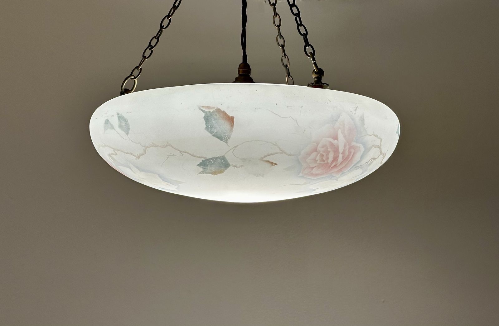 Art Deco Glass Plafonnier Ceiling Light With Hand Painted Pink Rose Design Restored And Rewired Ready To Be Placed C.1930.
