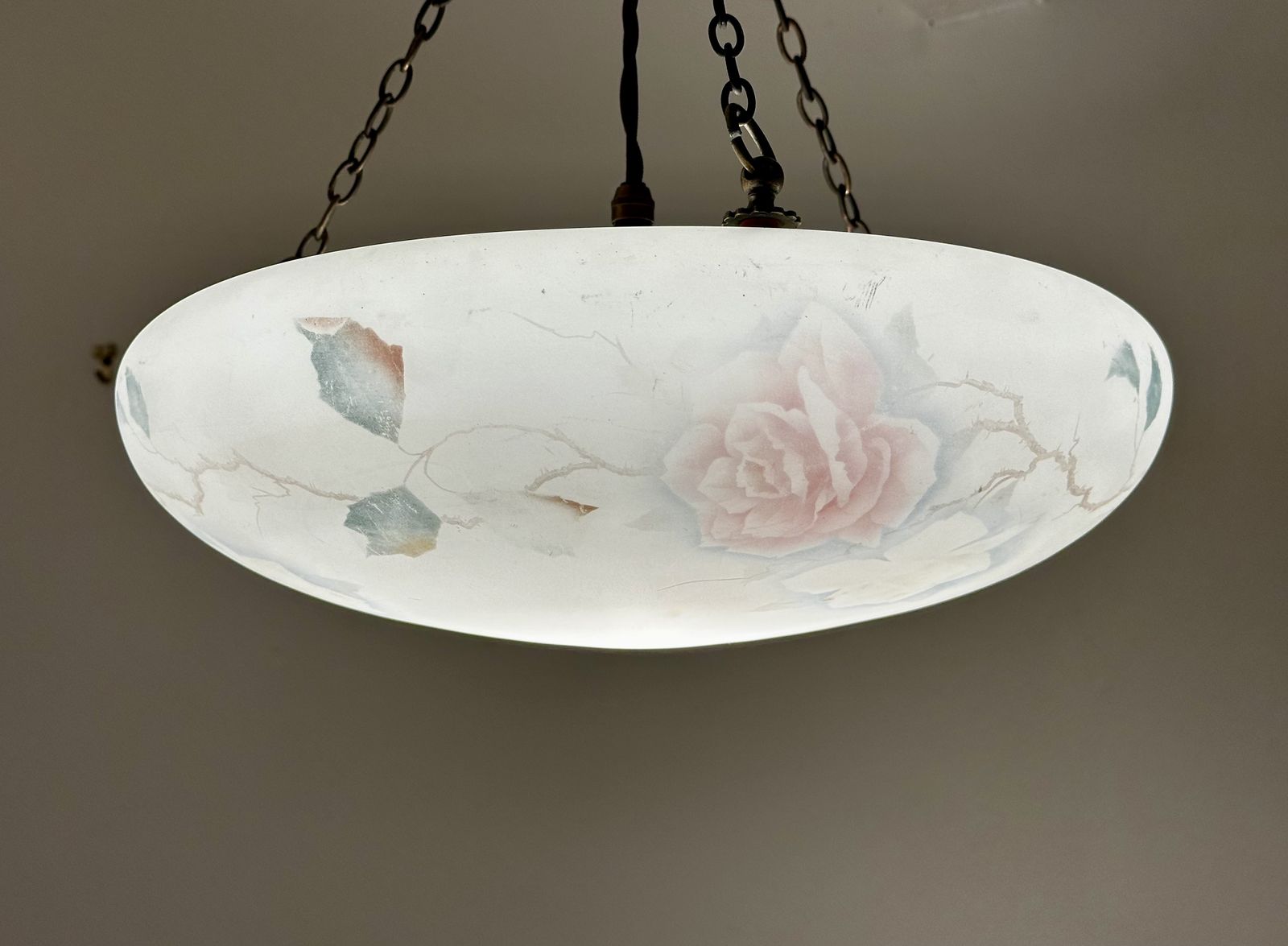 Art Deco Glass Plafonnier Ceiling Light With Hand Painted Pink Rose Design Restored And Rewired Ready To Be Placed C.1930. photo Lighting