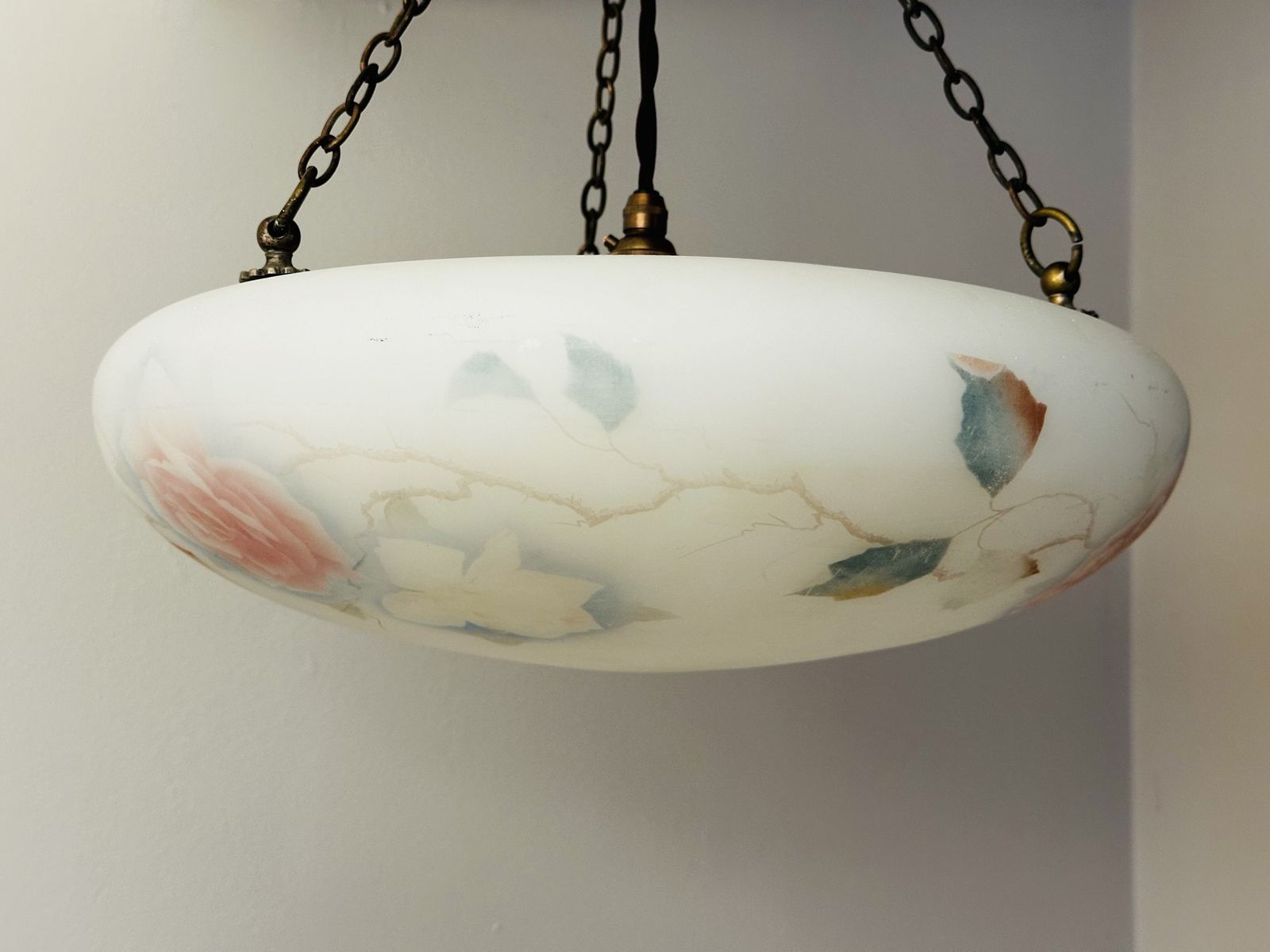 320.0 Art Deco Glass Plafonnier Ceiling Light With Hand Painted Pink Rose Design Restored And Rewired Ready To Be Placed C.1930. photo