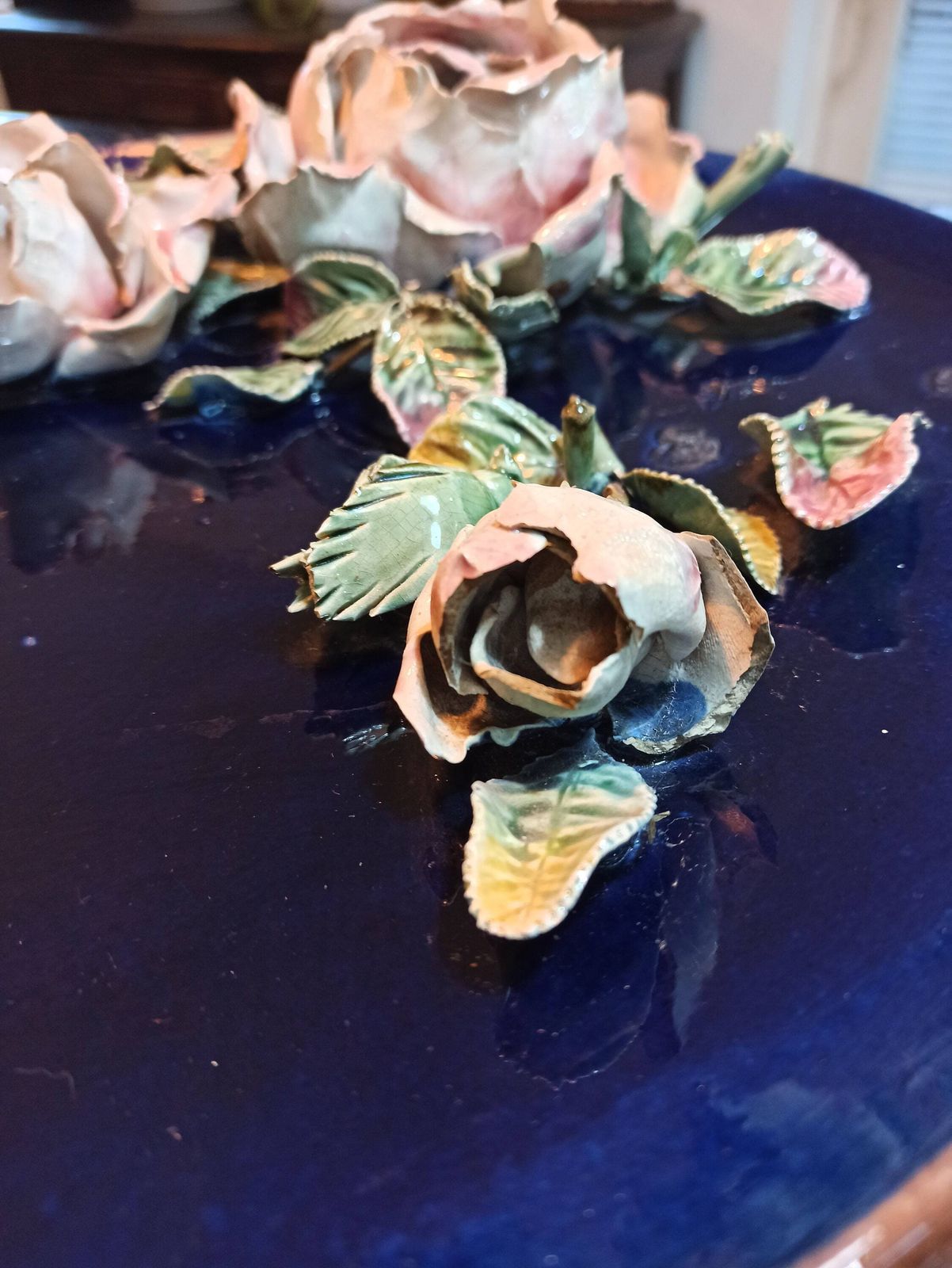 Antique Majolica Large Wall Plate. Roses And Cobalt Blue. High Relief. 19th Century. photo Art