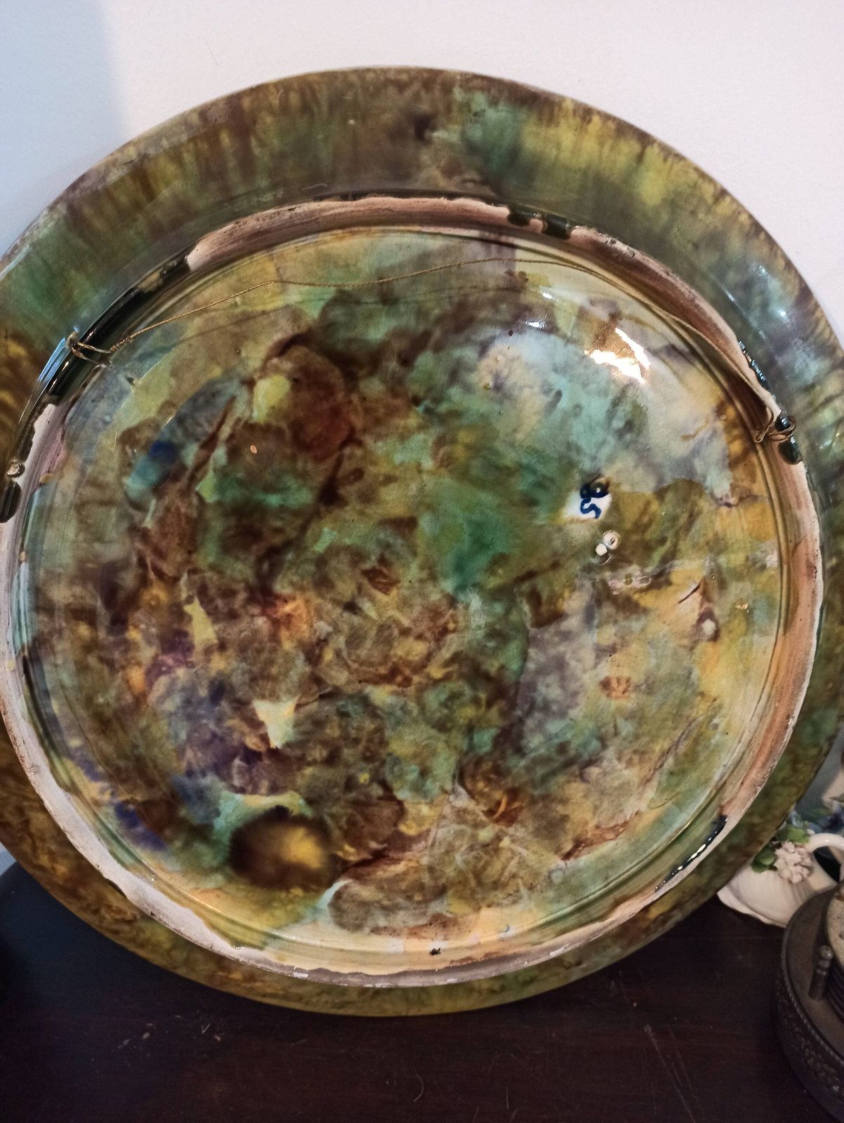 photo furniture Antique Majolica Large Wall Plate. Roses And Cobalt Blue. High Relief. 19th Century.