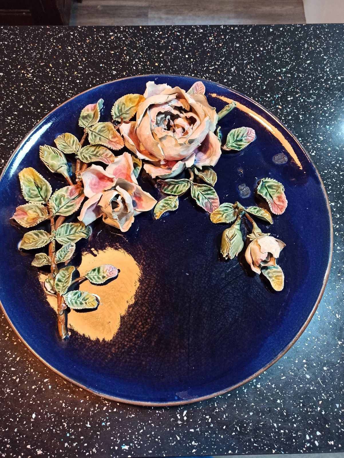 photo for sale Antique Majolica Large Wall Plate. Roses And Cobalt Blue. High Relief. 19th Century.
