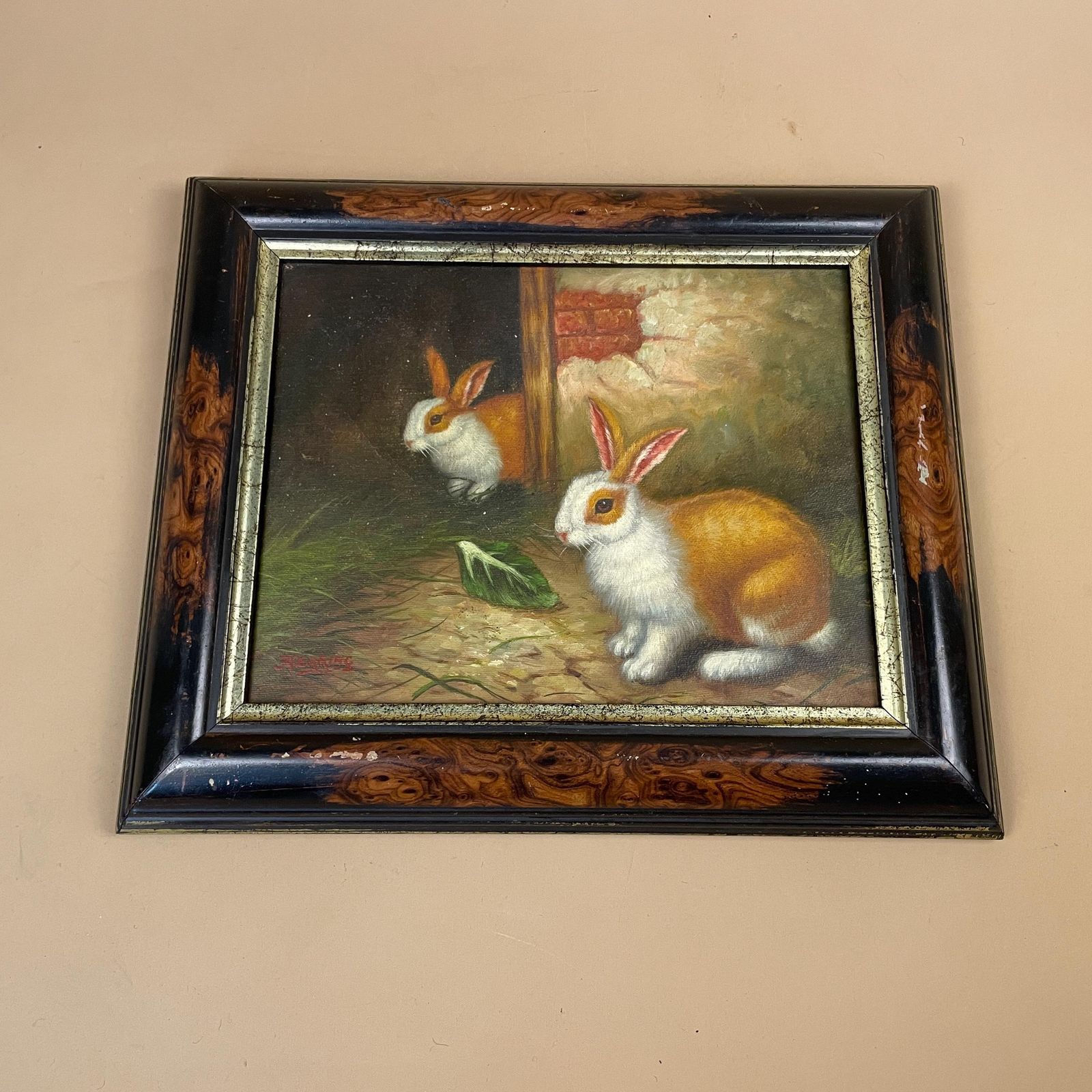 Antique Bunny Rabbit Oil Painting Picture Vintage Wooden Frame Realist By Artist Herring 19th Century