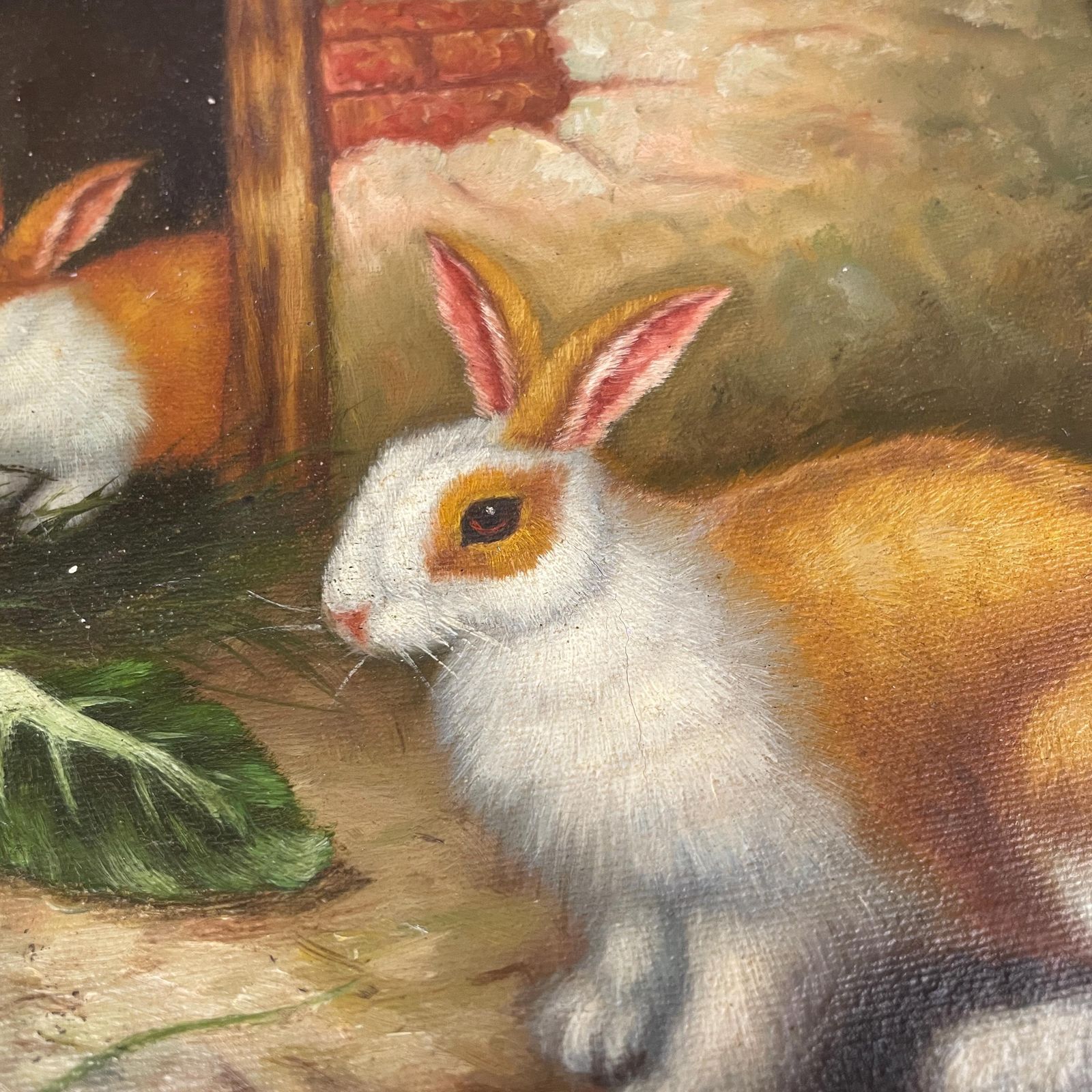 Antique Bunny Rabbit Oil Painting Picture Vintage Wooden Frame Realist By Artist Herring 19th Century photo for sale