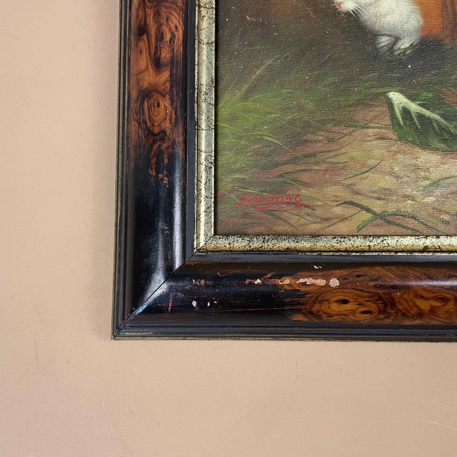 Antique Bunny Rabbit Oil Painting Picture Vintage Wooden Frame Realist By Artist Herring 19th Century photo 495.0