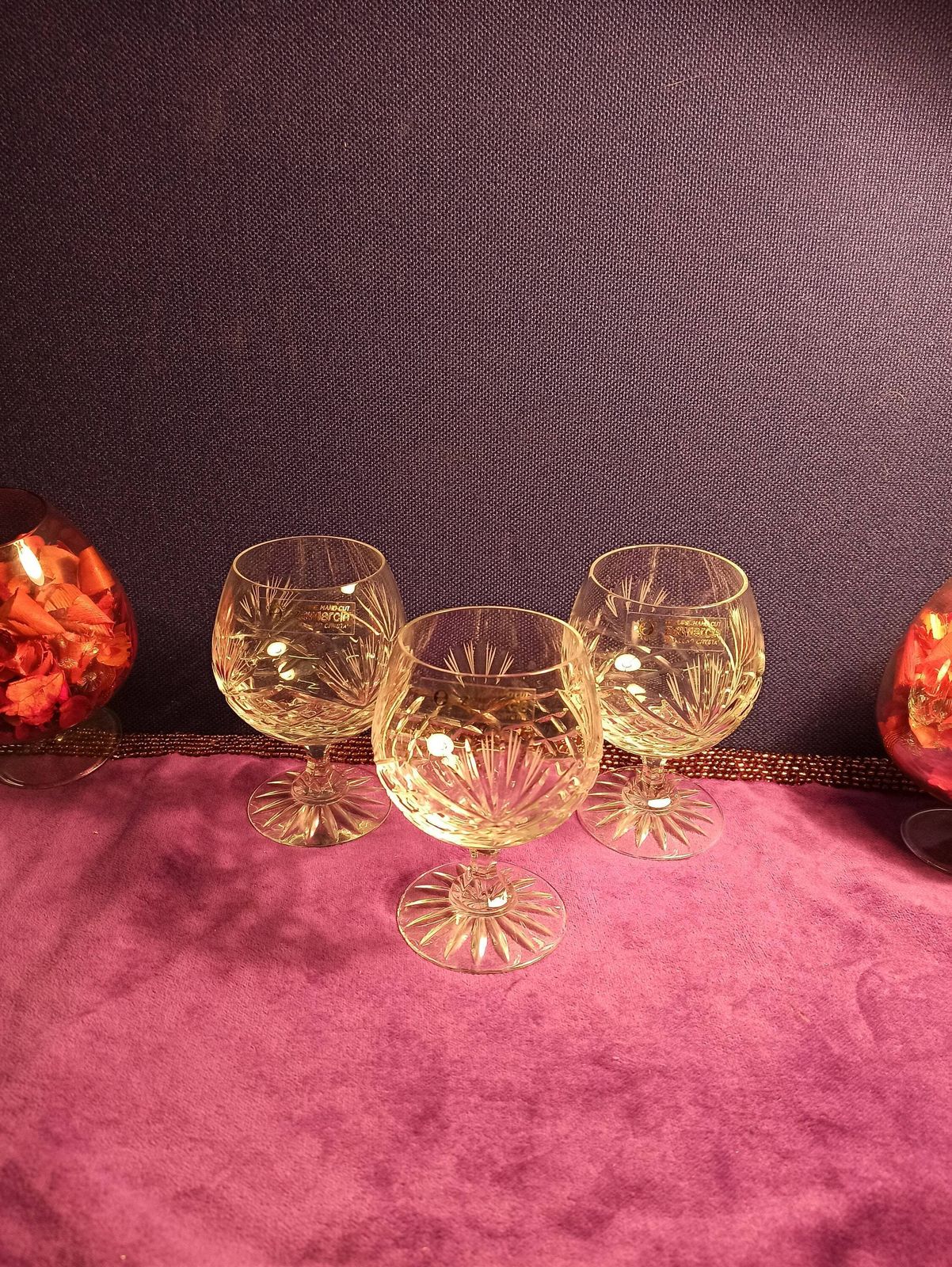 Trio Of Zawiercie Crystal Cut Brandy Glasses. Excellent Condition. photo for sale