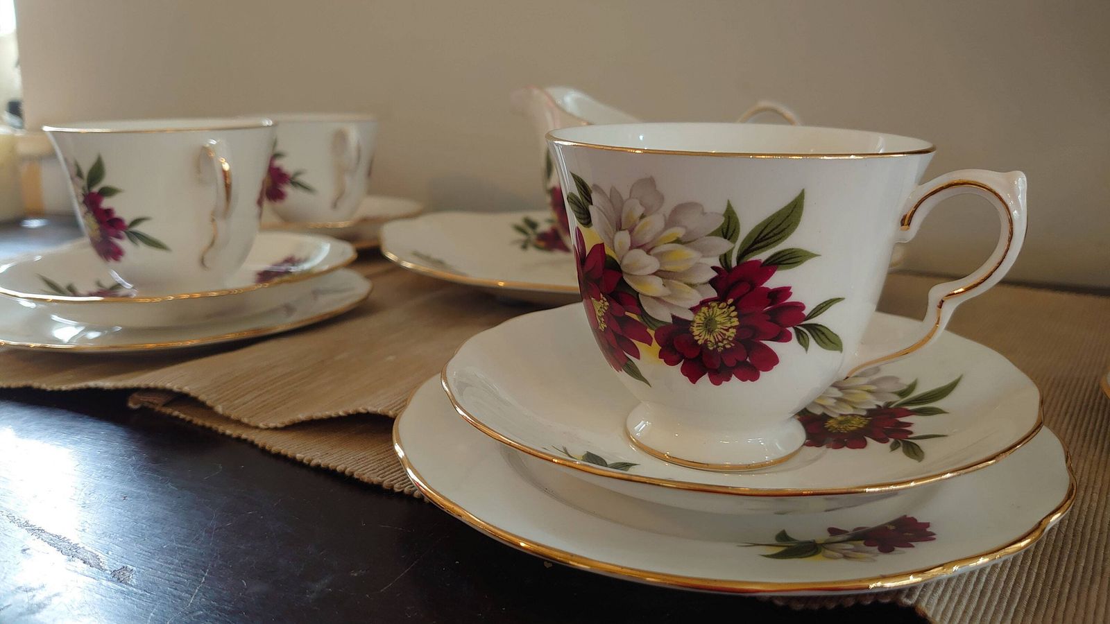photo furniture Set Of Four Crown Royal China Cups, Saucers And Side Plates Plus Sandwich Plate & Milk Jug   Very Good Condition