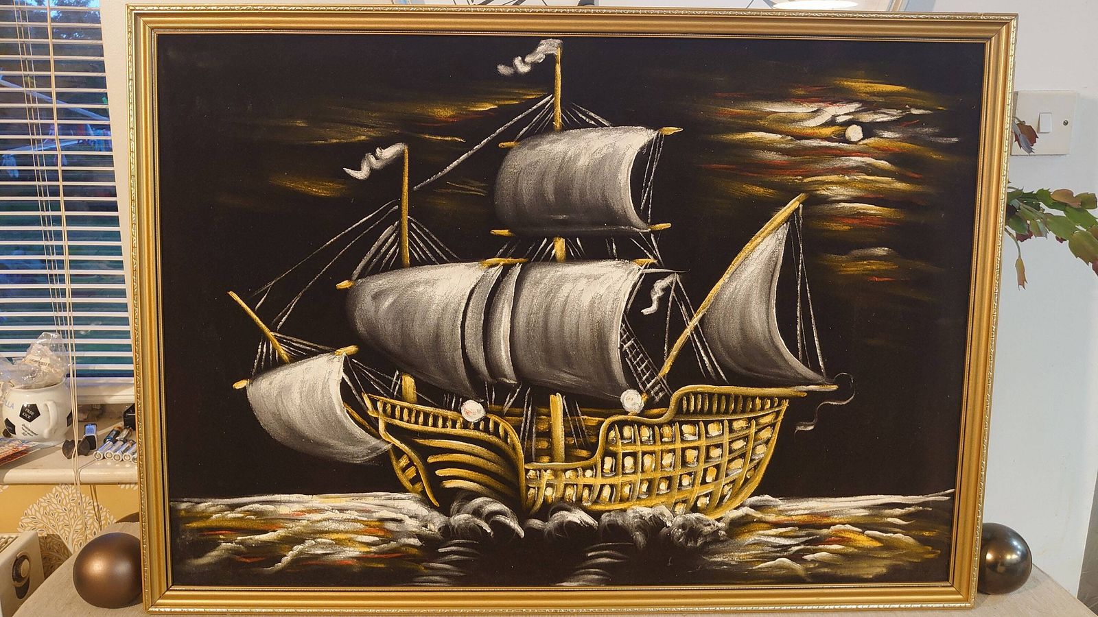 White, Yellow And Orange Oil Painted Carrack Ship On Black Felt   Very Good Condition   Eyecatching Design   94cm X 65cm X 2cm