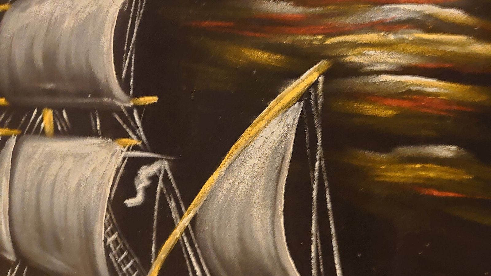 White, Yellow And Orange Oil Painted Carrack Ship On Black Felt   Very Good Condition   Eyecatching Design   94cm X 65cm X 2cm photo Art
