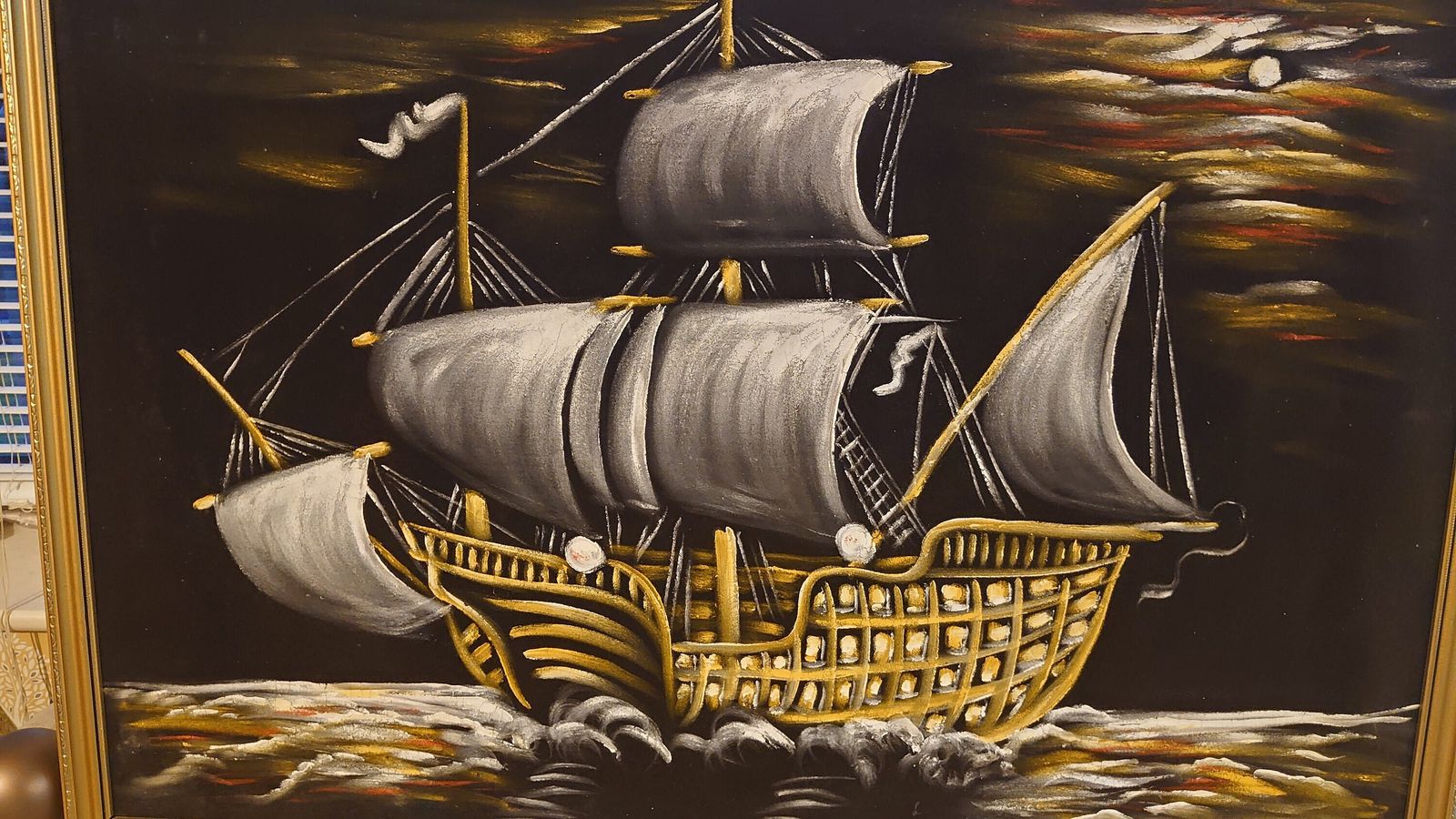 White, Yellow And Orange Oil Painted Carrack Ship On Black Felt   Very Good Condition   Eyecatching Design   94cm X 65cm X 2cm photo buy