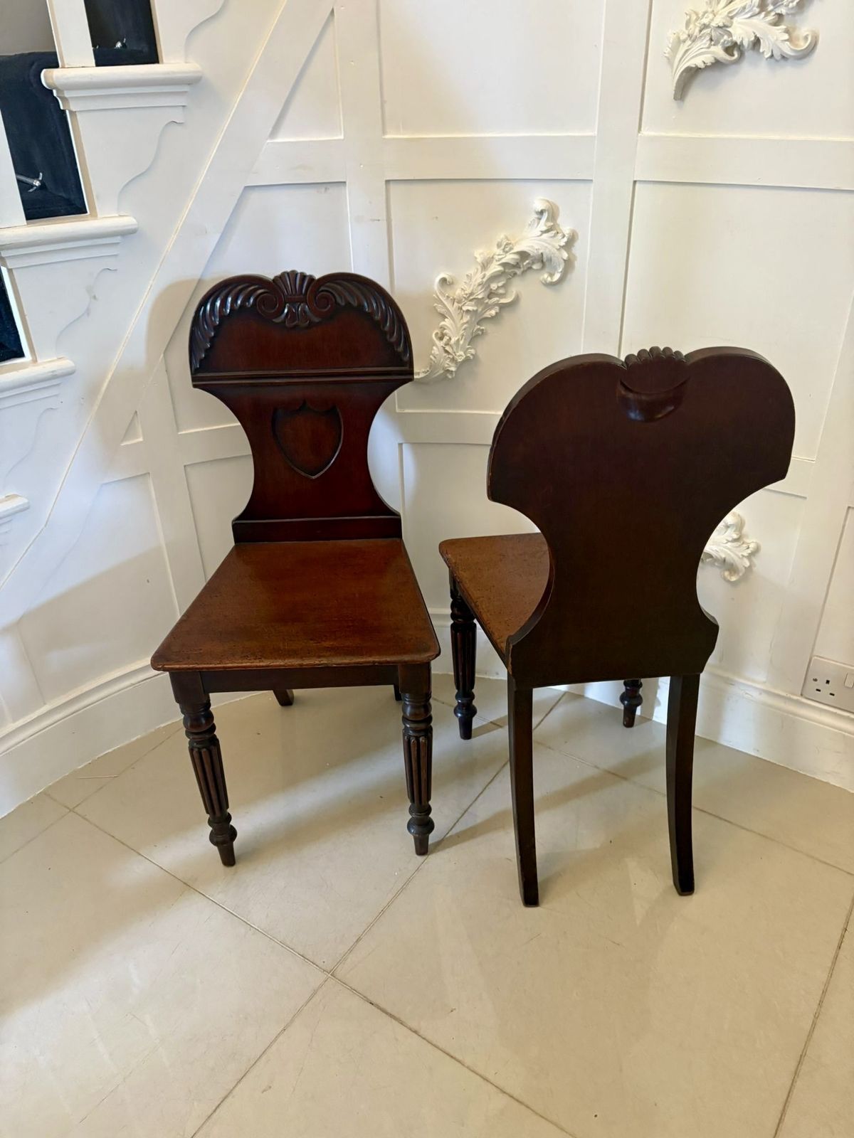 Pair Of Antique 19th Century Quality Carved Mahogany Hall Chairs photo for sale