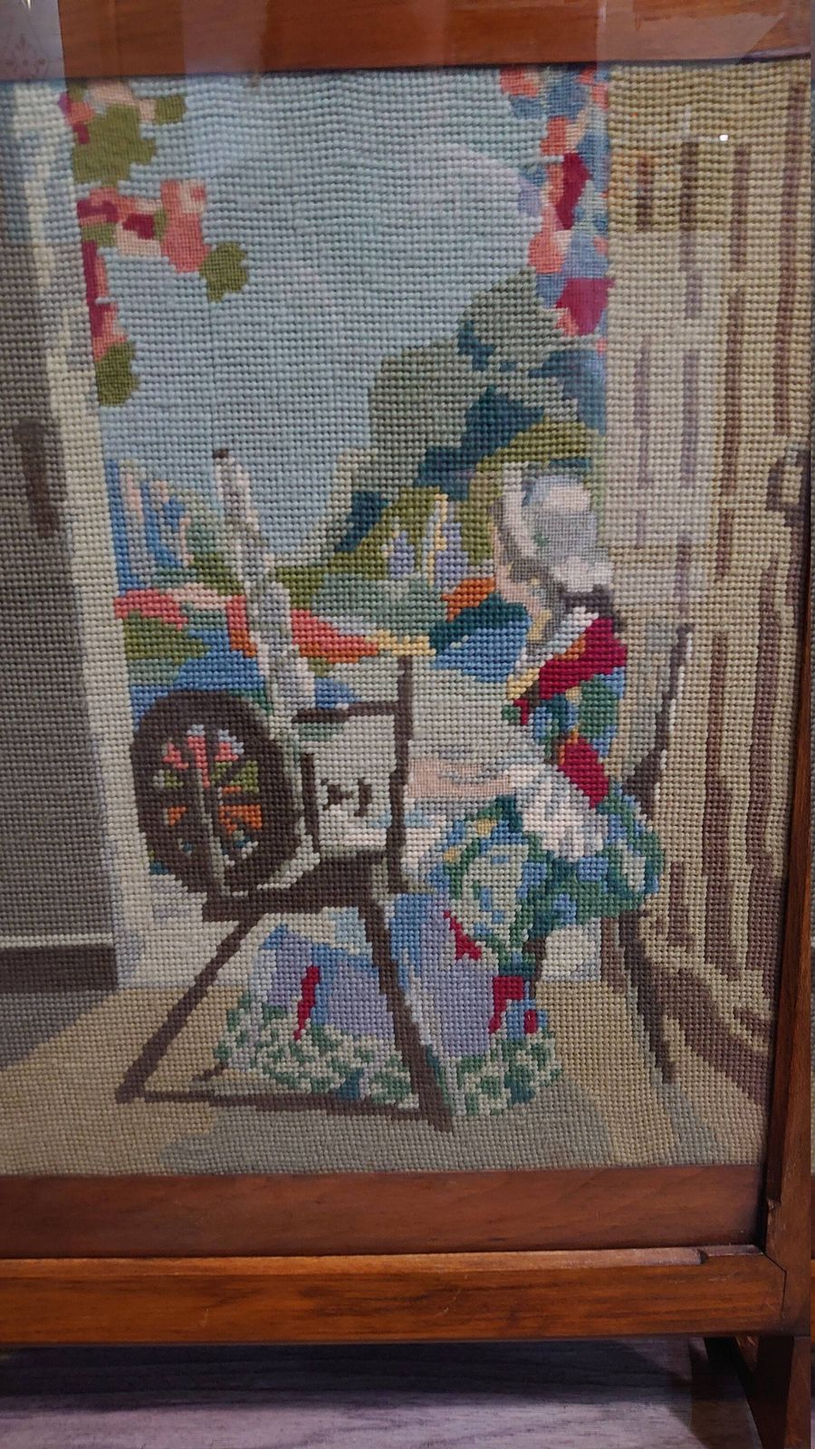 Firescreen With Knitted Scene Of Lady On Spinning Wheel C1940s/50s In Very Good Condition photo for sale