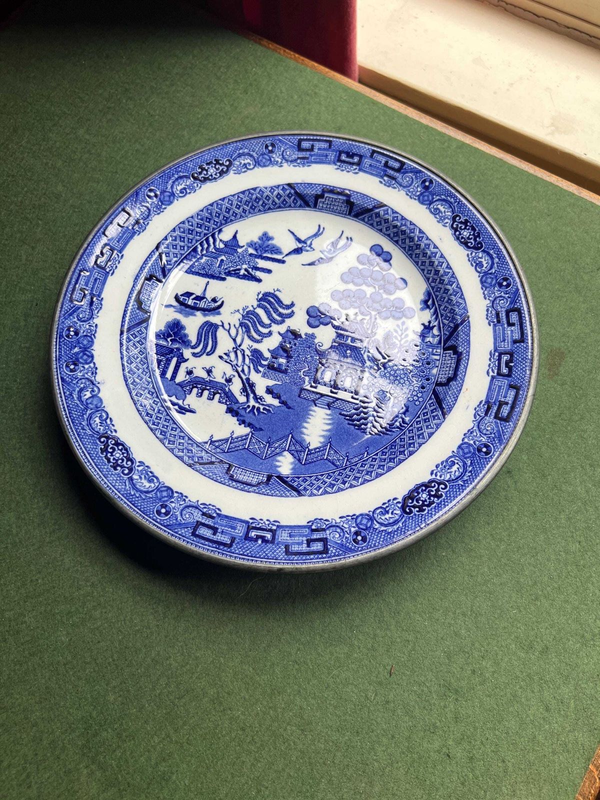 Vintage Antique Warming Plate Blue Willow Design Copper Backed Hollow Plate Collectible Rare Plate Stamped Copper Antique Collector Gift. photo vintage