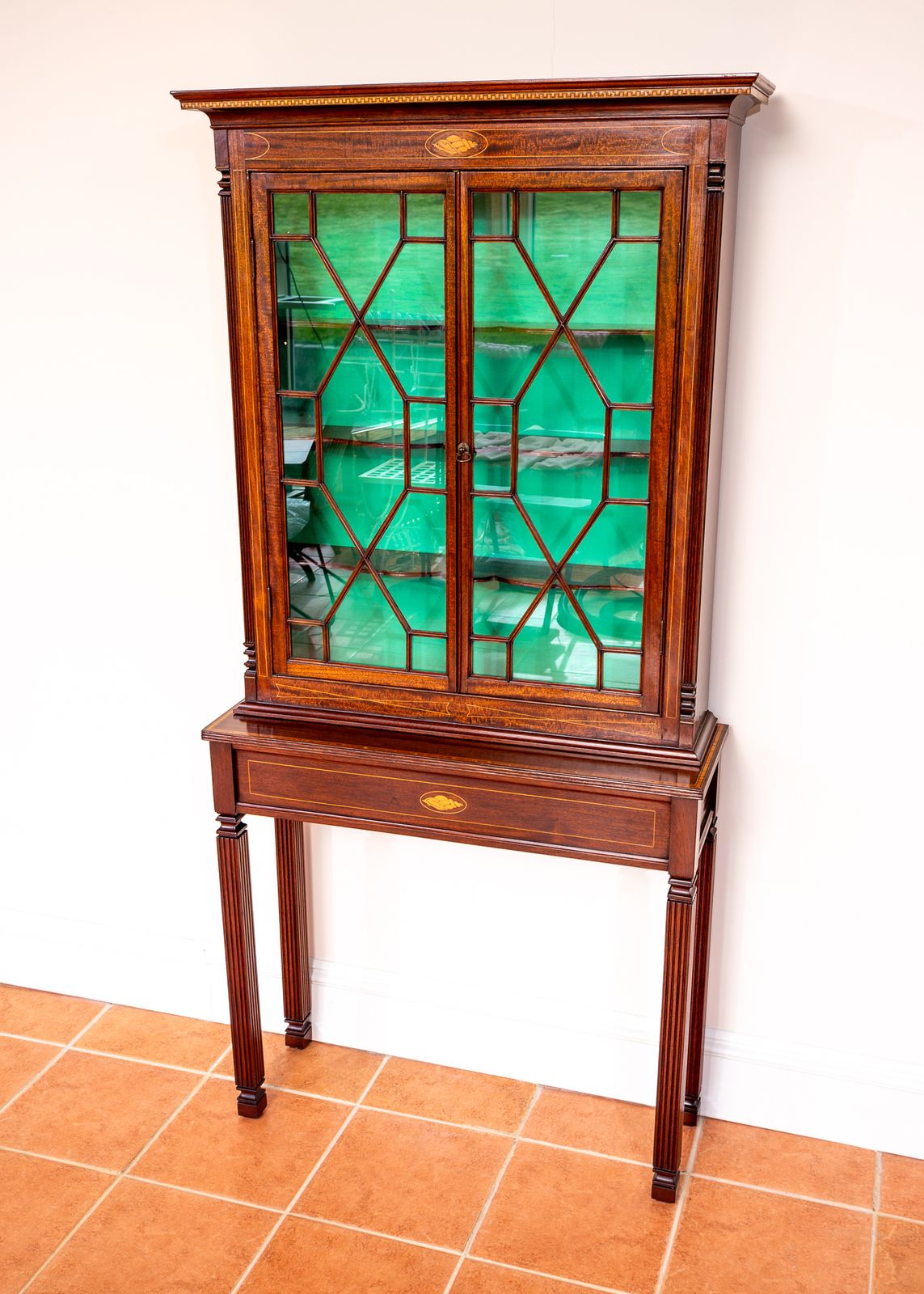 Fine Antique Glazed Cabinet And Consol.E Tabl.E Matching Set Inlaid Mahogany Astragal Glass Edwardia.N Victoria.N Hallway Living Room photo furniture
