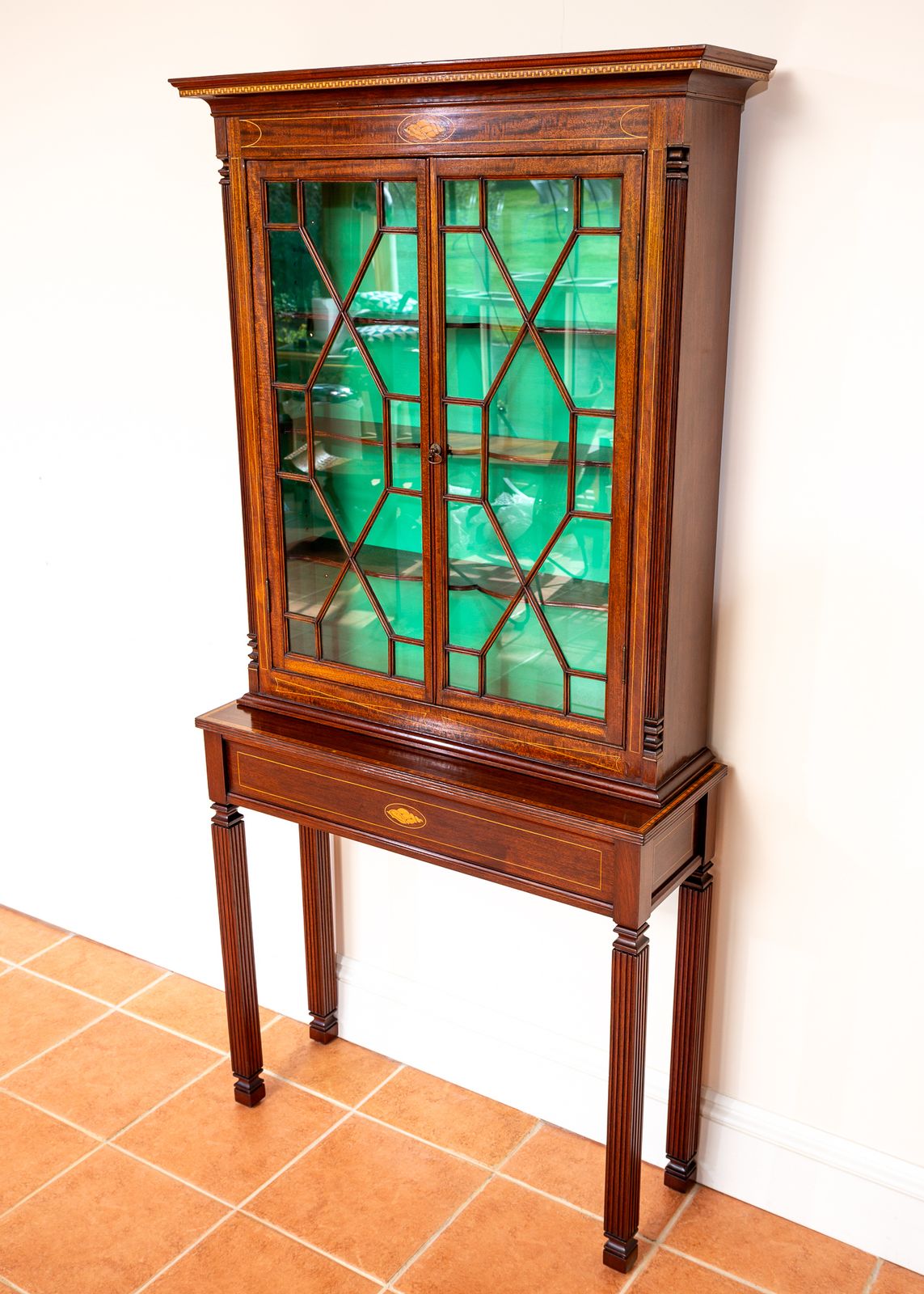 Fine Antique Glazed Cabinet And Consol.E Tabl.E Matching Set Inlaid Mahogany Astragal Glass Edwardia.N Victoria.N Hallway Living Room photo buy