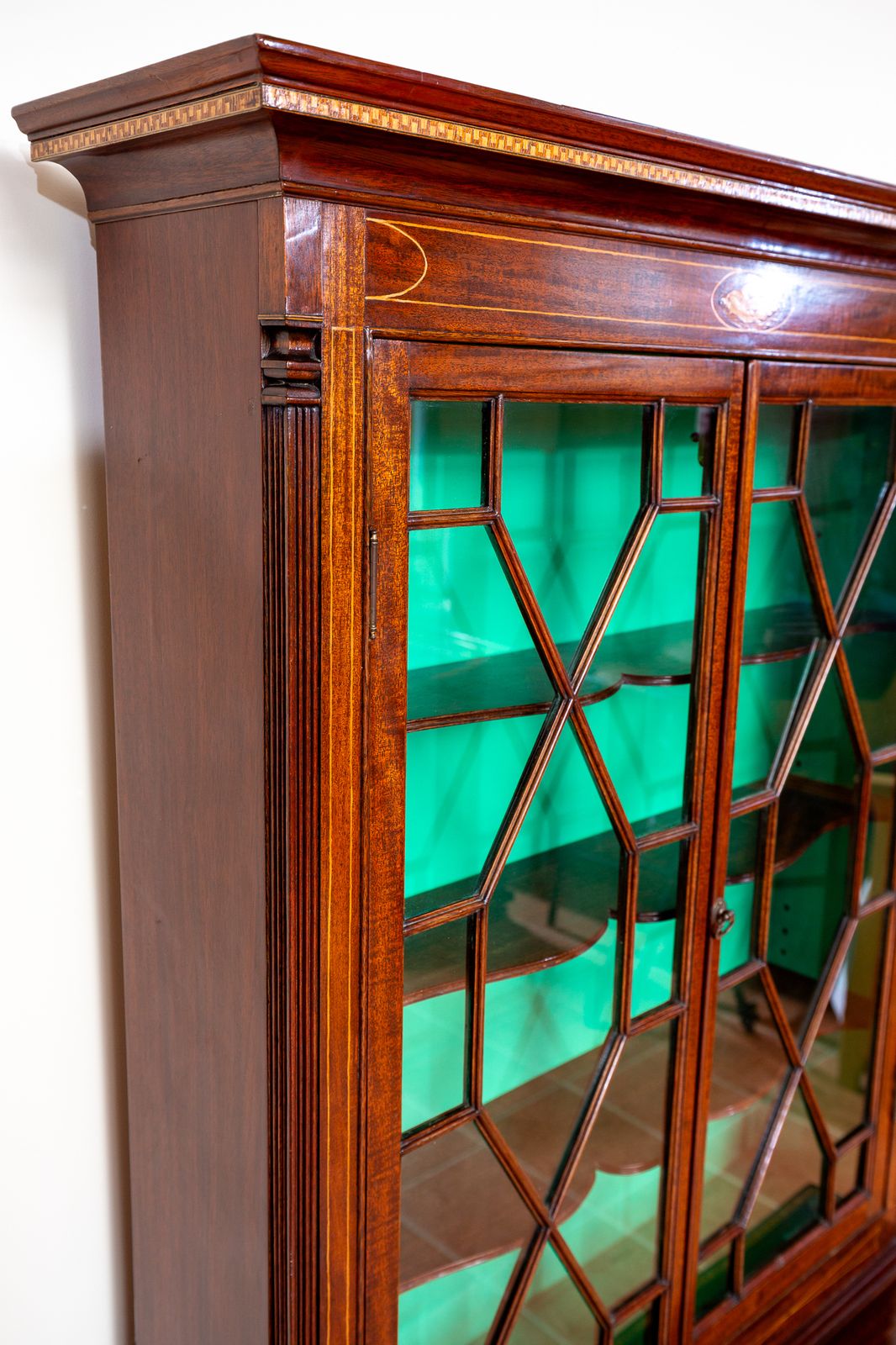 Furniture Fine Antique Glazed Cabinet And Consol.E Tabl.E Matching Set Inlaid Mahogany Astragal Glass Edwardia.N Victoria.N Hallway Living Room photo