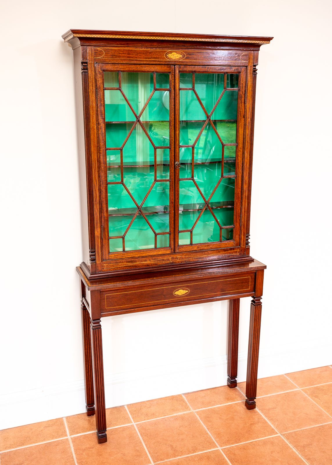 Fine Antique Glazed Cabinet And Consol.E Tabl.E Matching Set Inlaid Mahogany Astragal Glass Edwardia.N Victoria.N Hallway Living Room