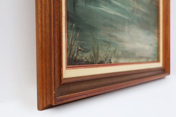 French Artist, Birds In Water, 1960s, Large Oil On Canvas, Framed photo vintage