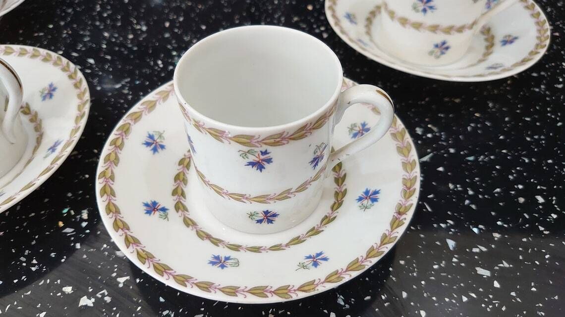 Vintage Austrian Ceramic Demitasse Tea Set   4 Cups And Saucers   Blue Floral Embellishments   Very Good Condition photo for sale