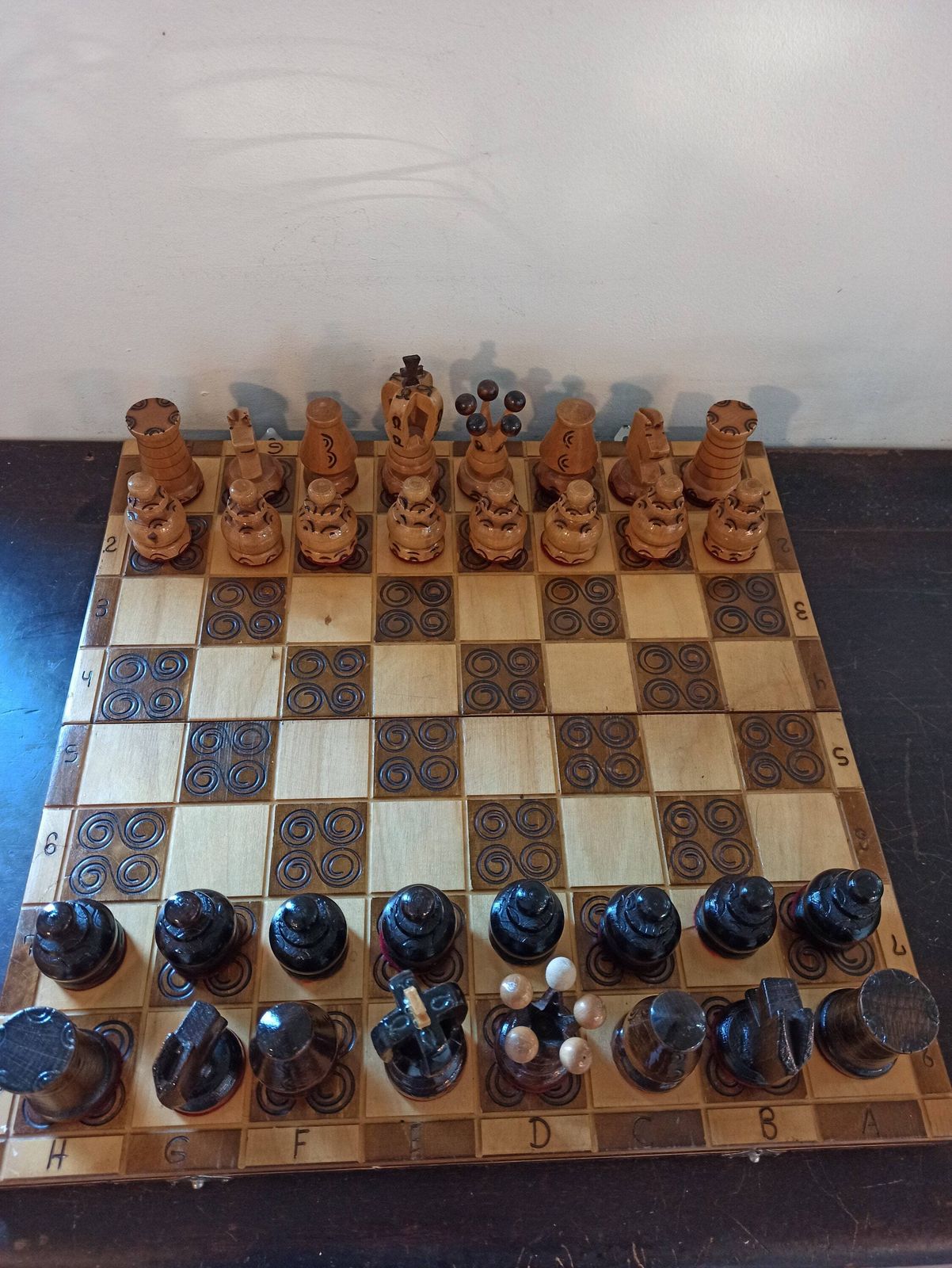 Vintage Wooden Chess Set With Board. Hand Carved. Very Good Condition.