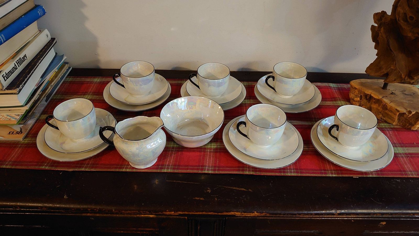6 Pearlescent Tea Cups, Saucers And Sideplates With A Sugar Bowl & Creamer   Very Good To Excellent Condition   Czech Slovak Ceramic photo for sale