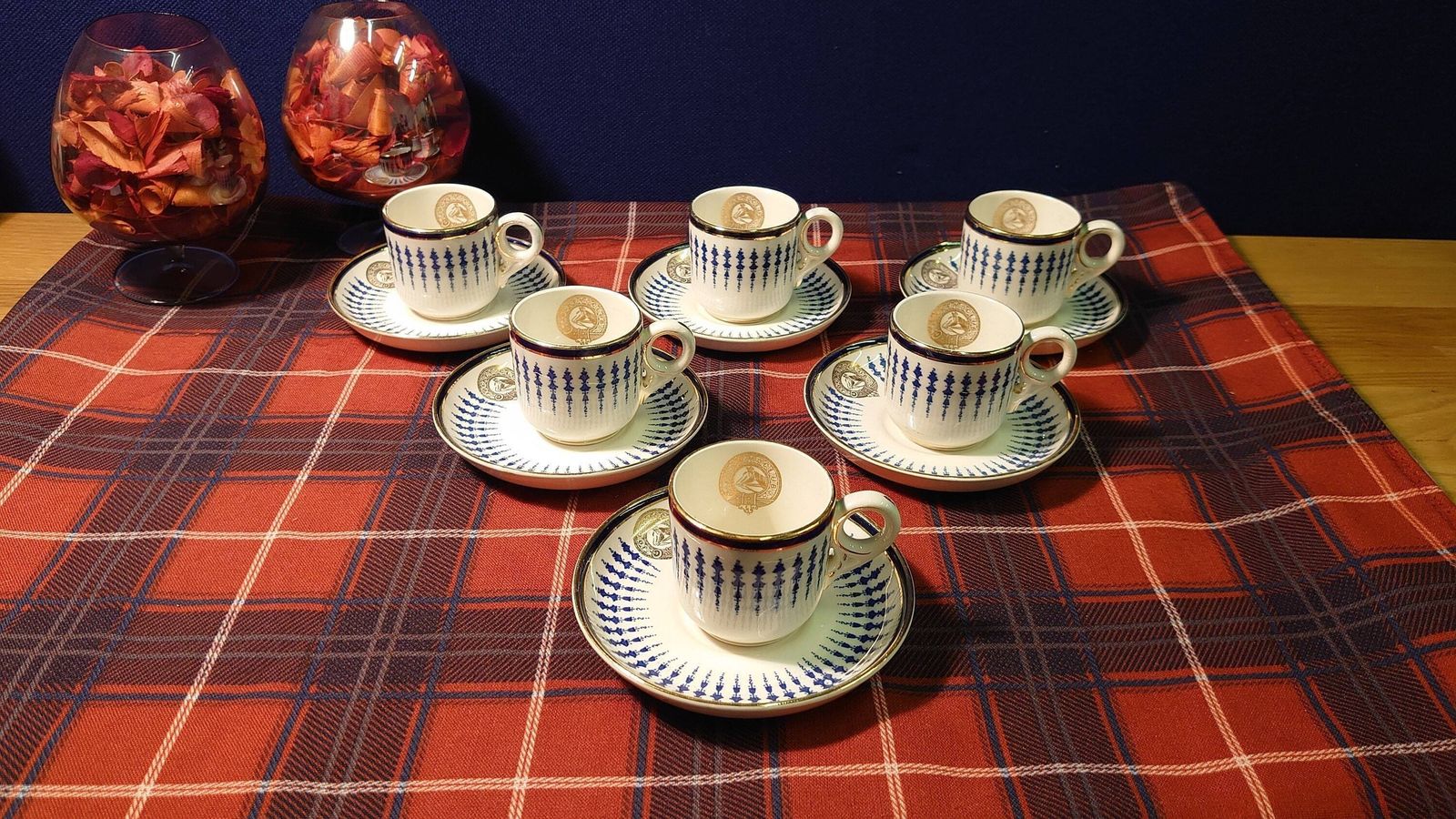 6 Mappin And Webb Demitasse Cups And Saucers   Blue, White And Gold   "The Jockey Club"   Very Good To Excellent Condition