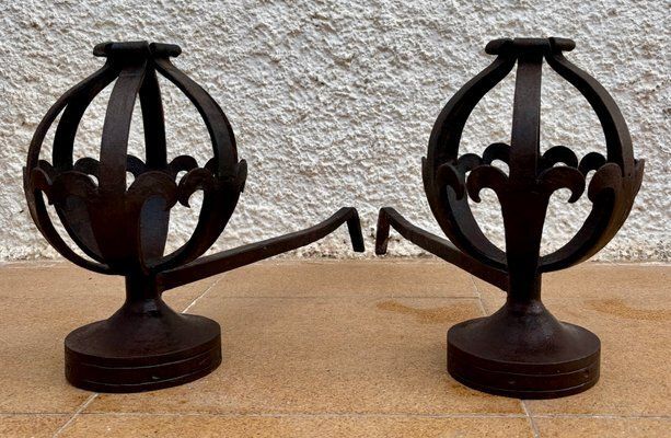 Mid Century Modernist Spanish Wrought Iron Couple Andirons, 1950s, Set Of 2 photo vinterior