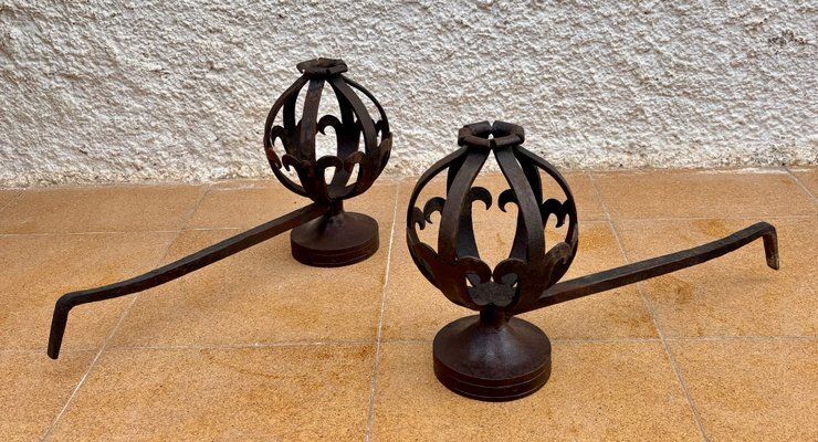 photo for sale Mid Century Modernist Spanish Wrought Iron Couple Andirons, 1950s, Set Of 2