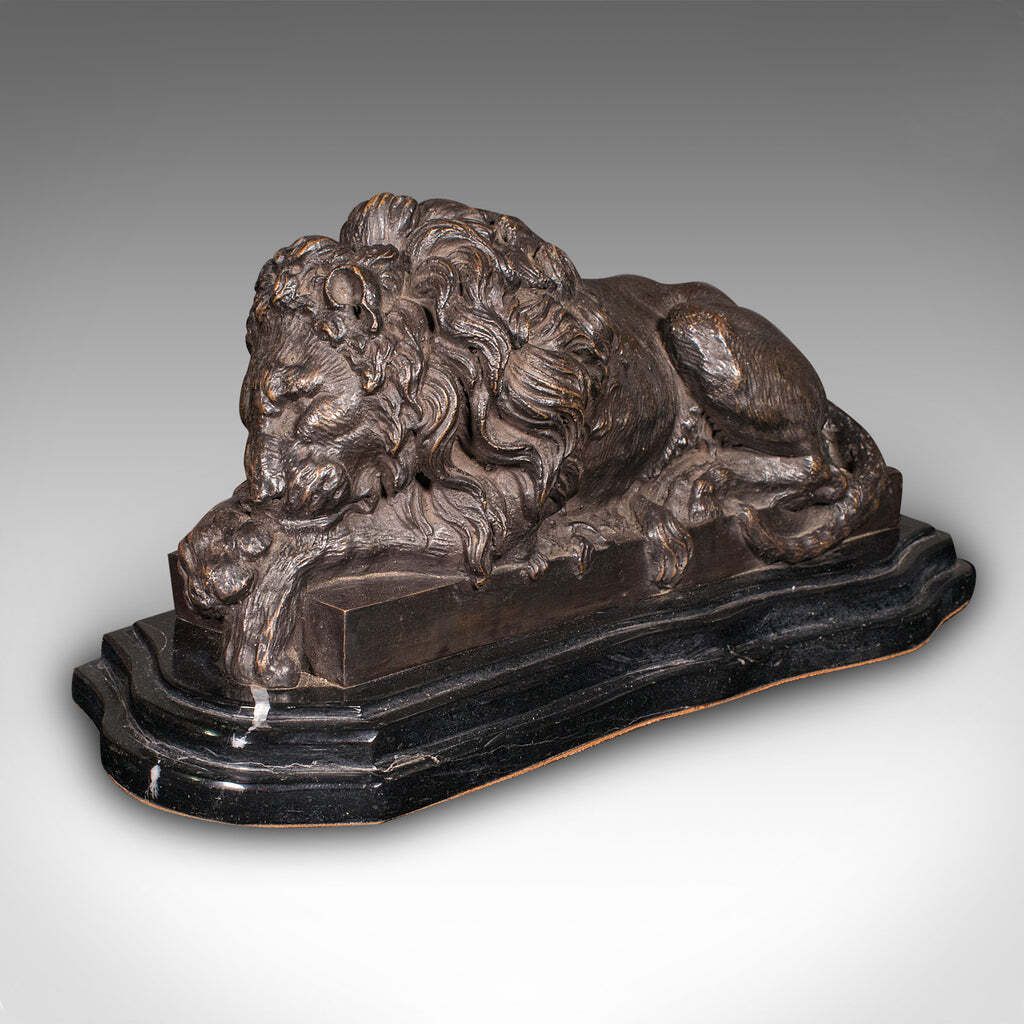Vintage Recumbent Lion French Bronze Marble After Canova Mid 20th Century