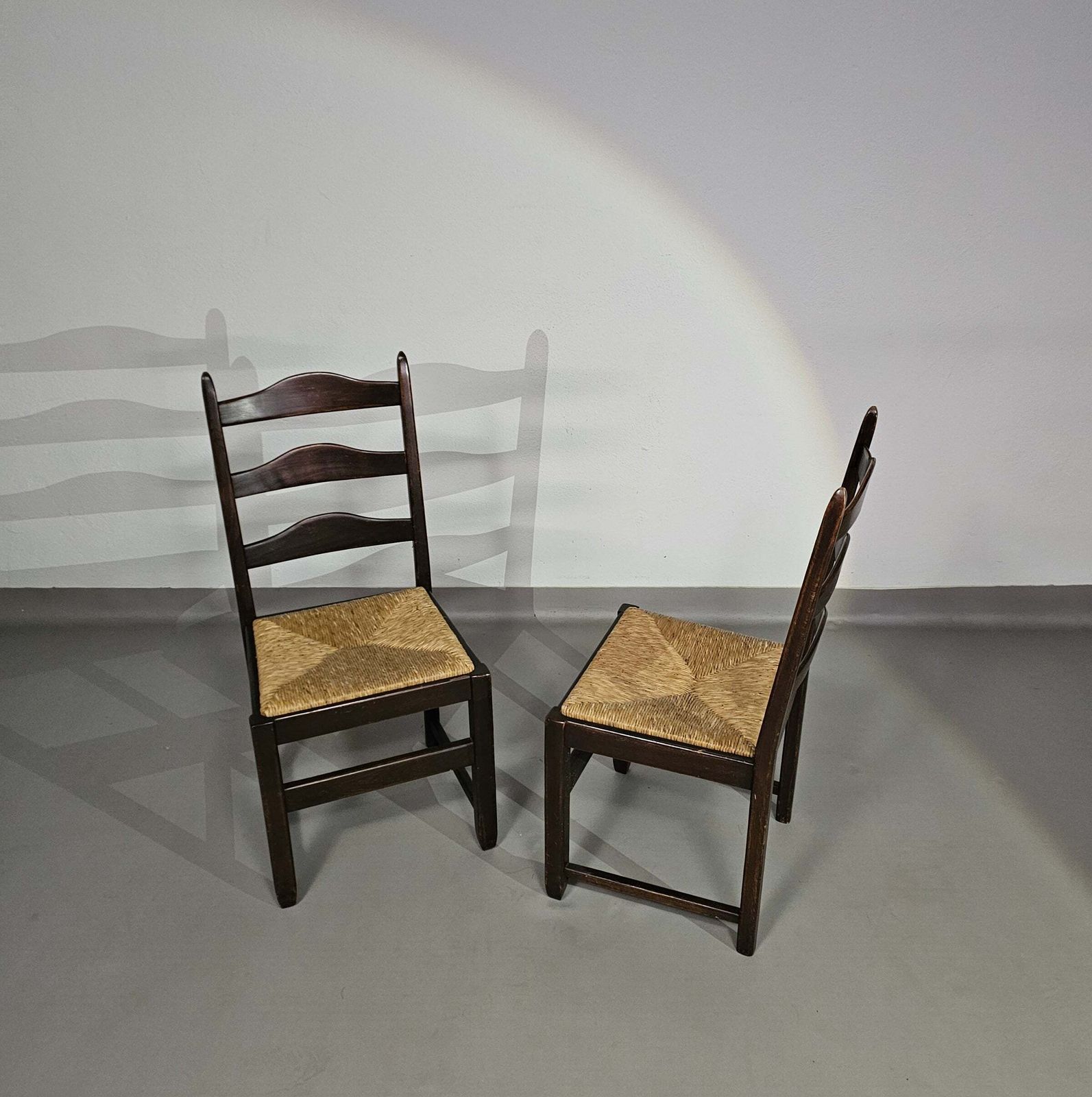 Set Of 2 Oak , Rustic, Farmhouse, Ladderback Dining Chairs With Rush Seats photo vintage